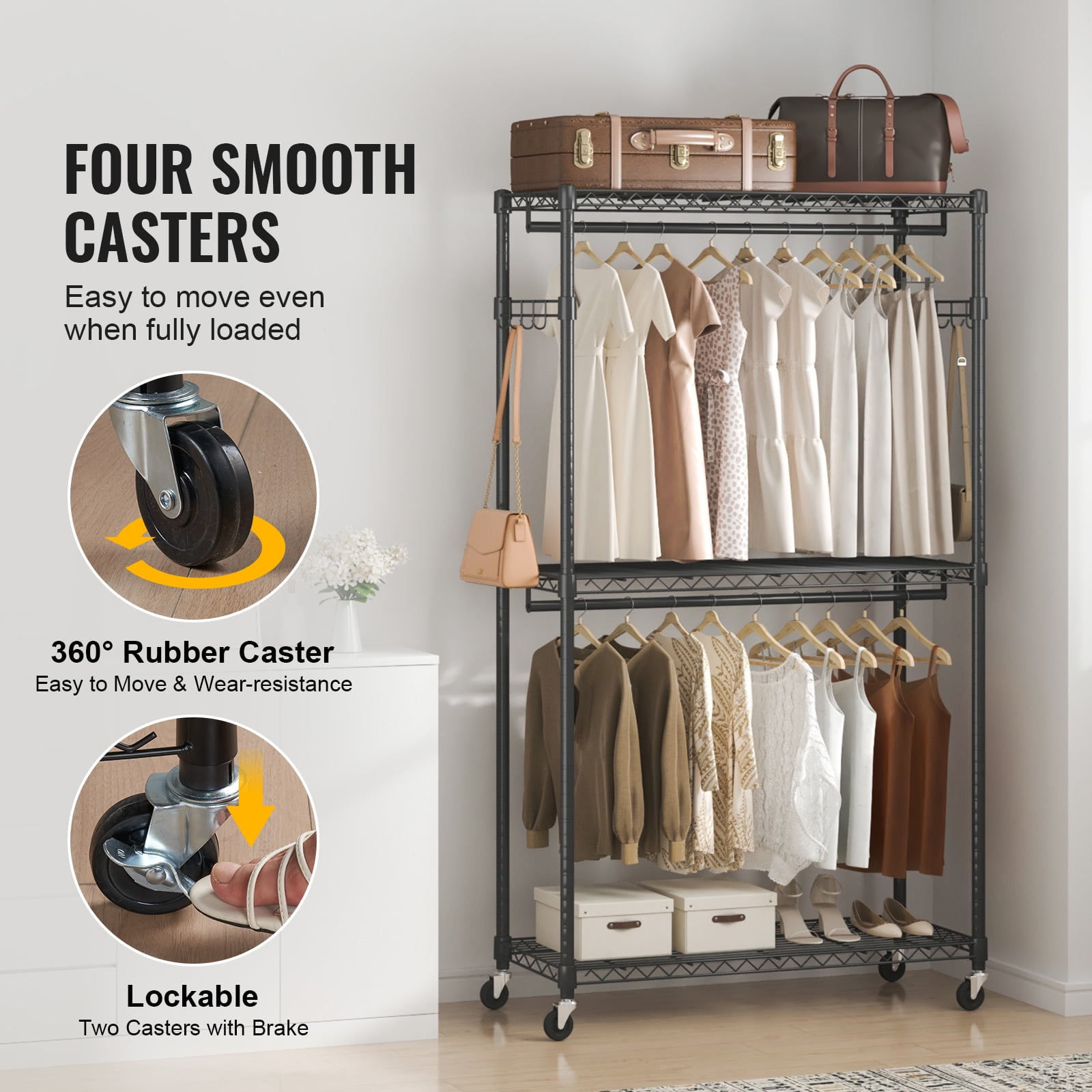 KFFKFF Clothes Rack 3 Tiers 400 lbs Rolling Free-Standing Clothing Garment Rack with 2 Rods Lockable Wheels and Side Hooks 45.7x17.7x80.3 in Black - Image 3