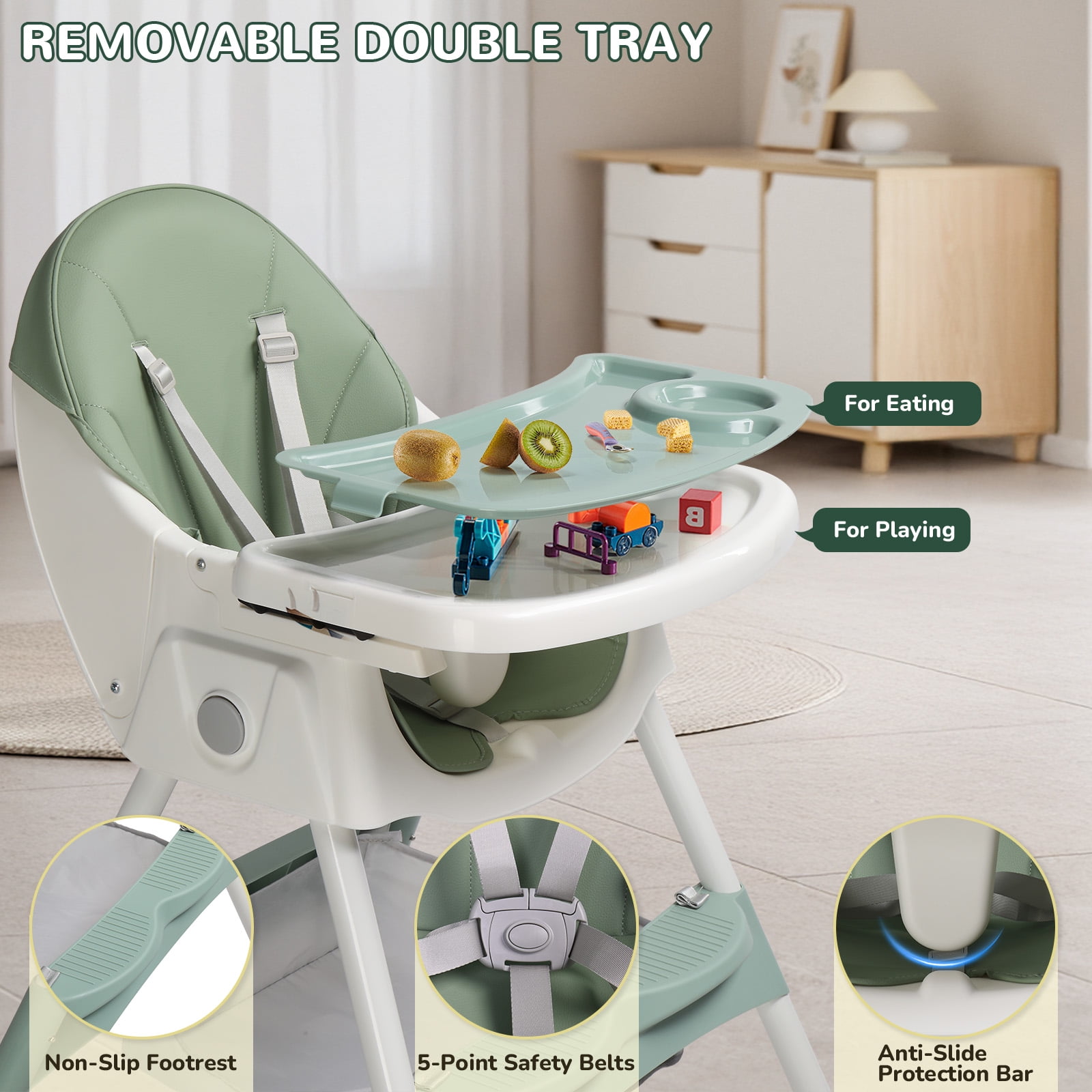 Ktaxon Baby High Chair, Convertible 6 in 1 High Chairs for Babies and Toddlers, Foldable Baby Highchair with 5-Point Safety Harness, Adjustable Dining Tray, Backrest & Height, Green - Image 11