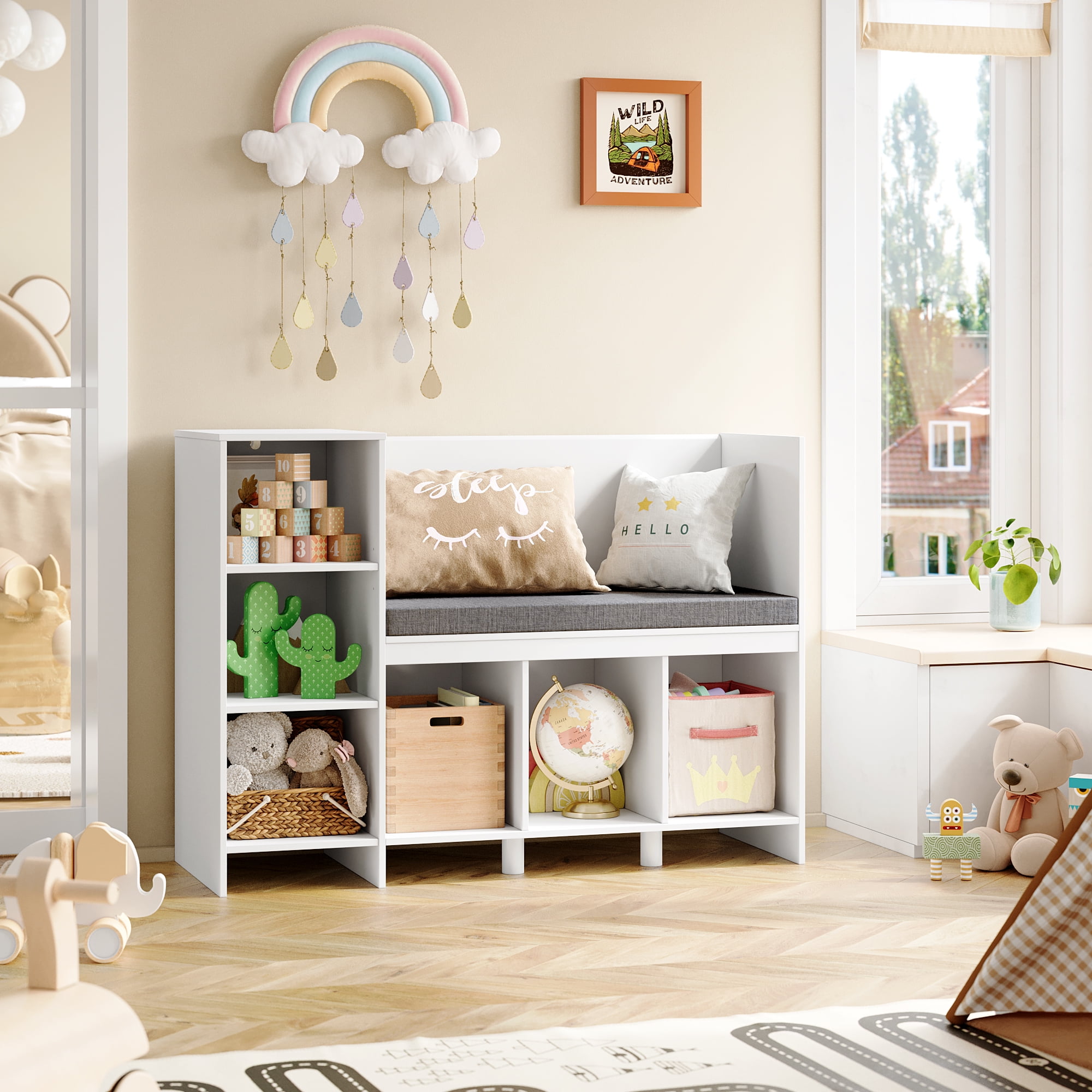 Homfa 6 Storage Cube Organizer, Open Toy Display Bookshelf with Seat for Kids Room, White Finish - Image 8