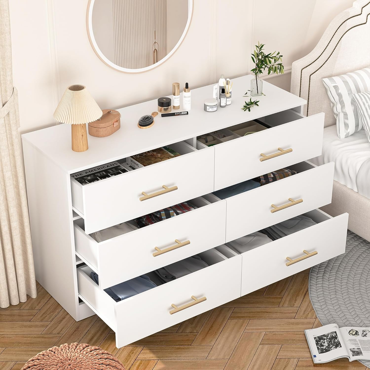Miniyam 6-Drawer Dresser with Deep Drawers & Golden Handles for Adult Bedroom, White - Image 4