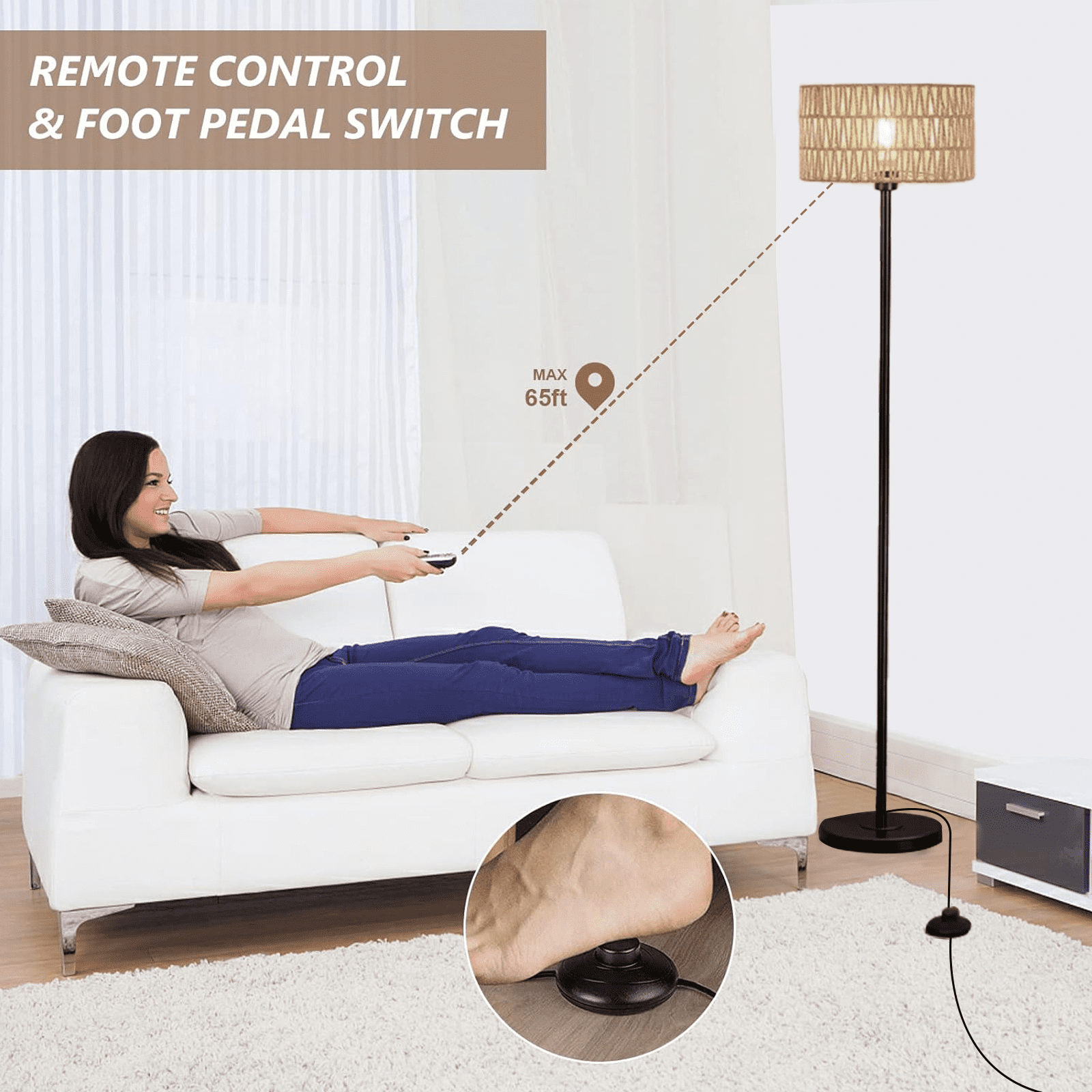 IHHIZLTT Floor Lamp for Living Room with 3 Color Temperatures, Remote & Dimmable,Woven Rattan Shades - Image 2