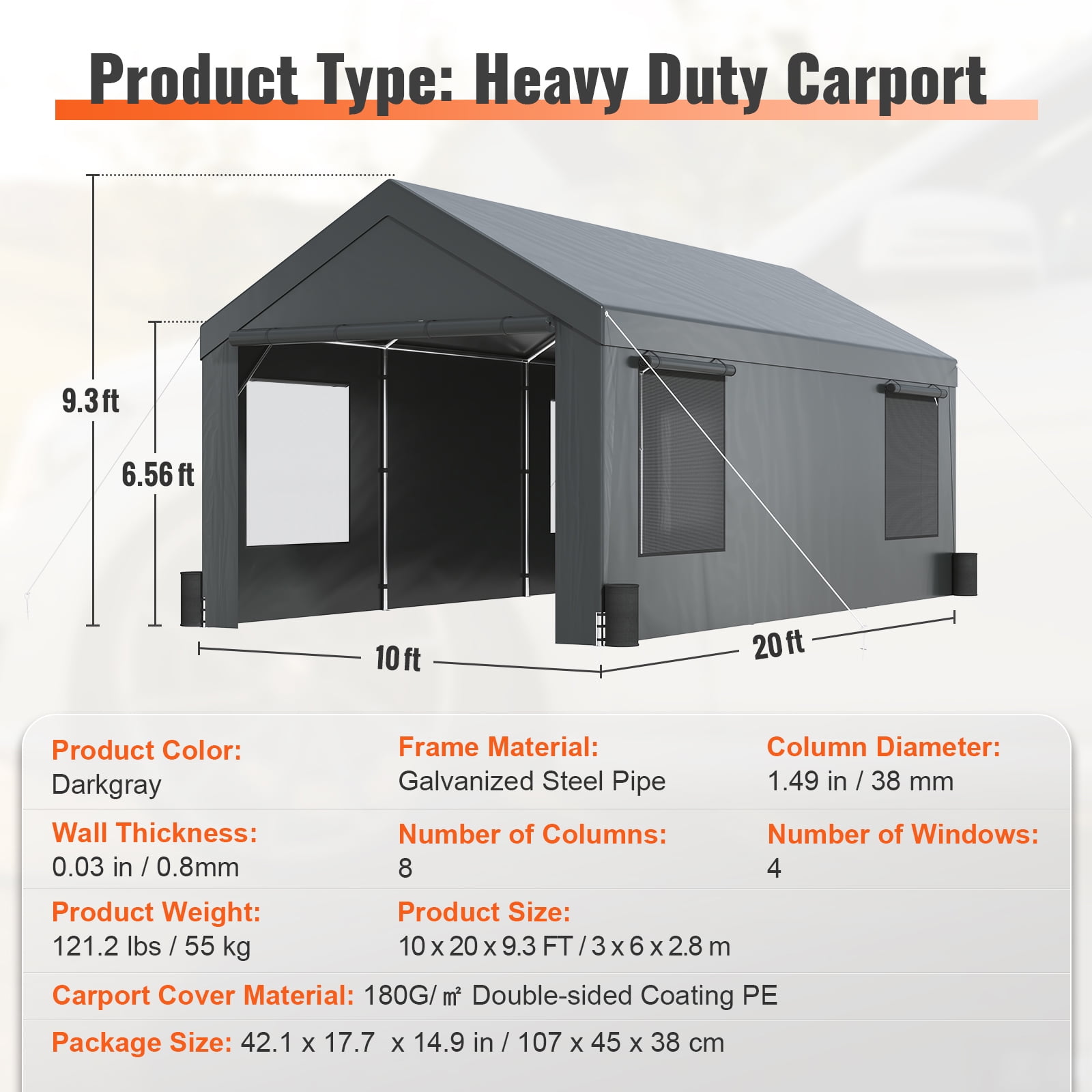 KFFKFF Carport Canopy Car Canopy 10 x 20 Feet & 8 Legs Side Walls & Windows Dark Gray - Image 3