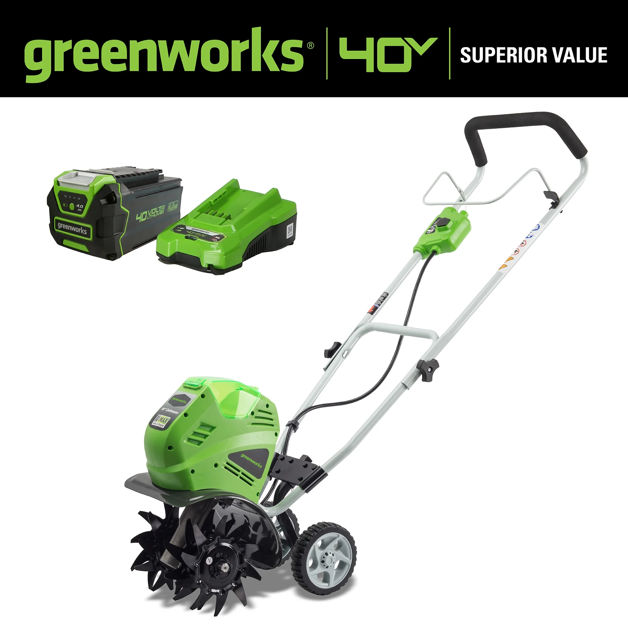 Greenworks 40V 10" Cordless Cultivator/Tiller with 4.0Ah Battery & Charger 27062 - Image 2