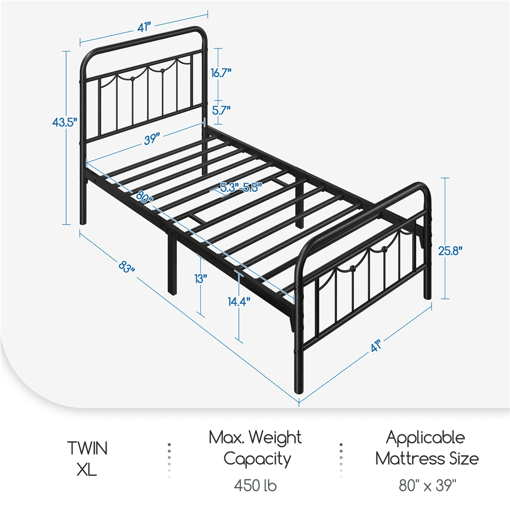 Alden Design Metal Platform Bed with Vintage Headboard and Footboard, Twin XL, Black - Image 4