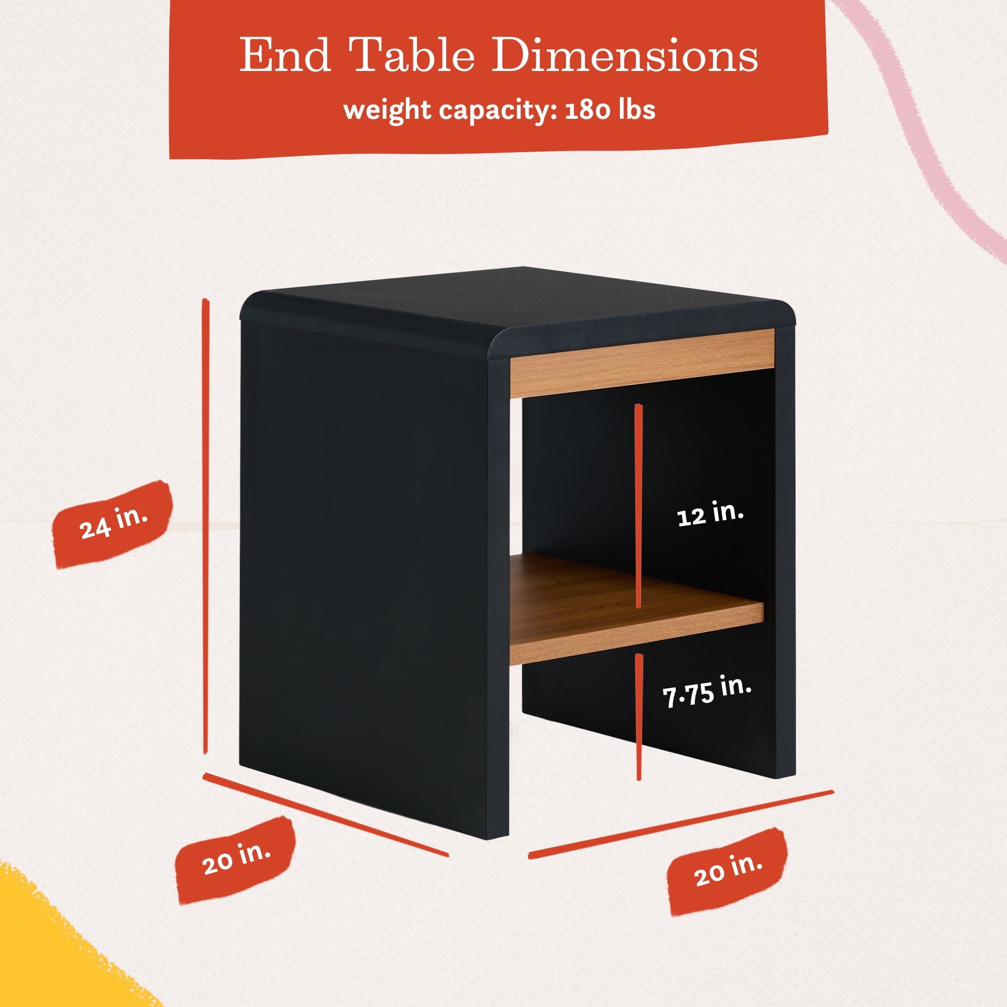 Mayview Gatsby Rounded Living Room Corner with USB End Table, Black & Oak - Image 3