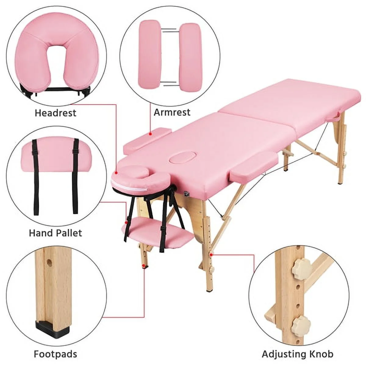 Alden design Fold Portable Massage Table w/ Removable Headrest Armrests, Pink - Image 12