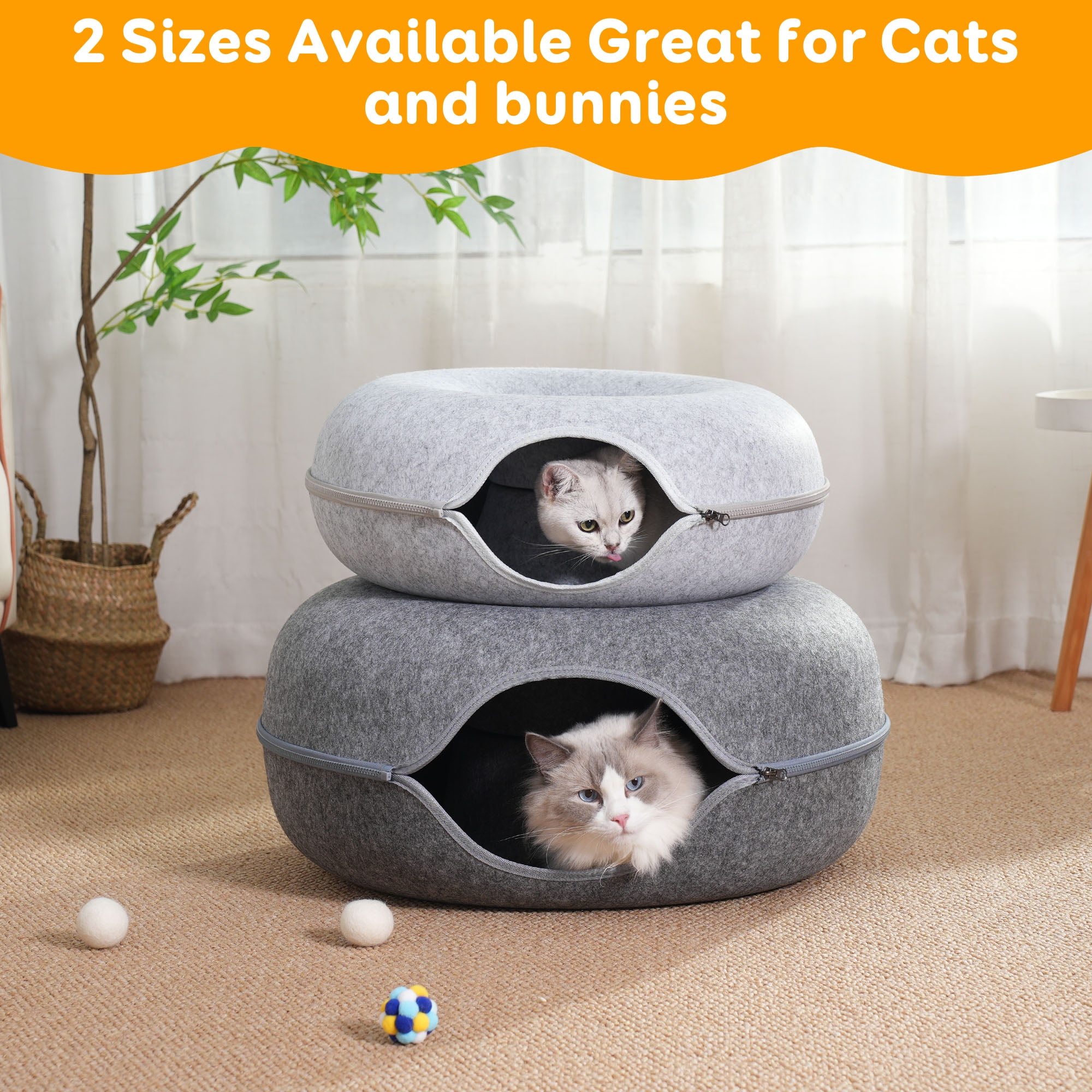 Large Cat Tunnel Bed for Indoor Cats with 3 Toys, Scratch Resistant Donut Cat Bed, Up to 30 Lbs (L 24x24x11, Dark Grey) - Image 4
