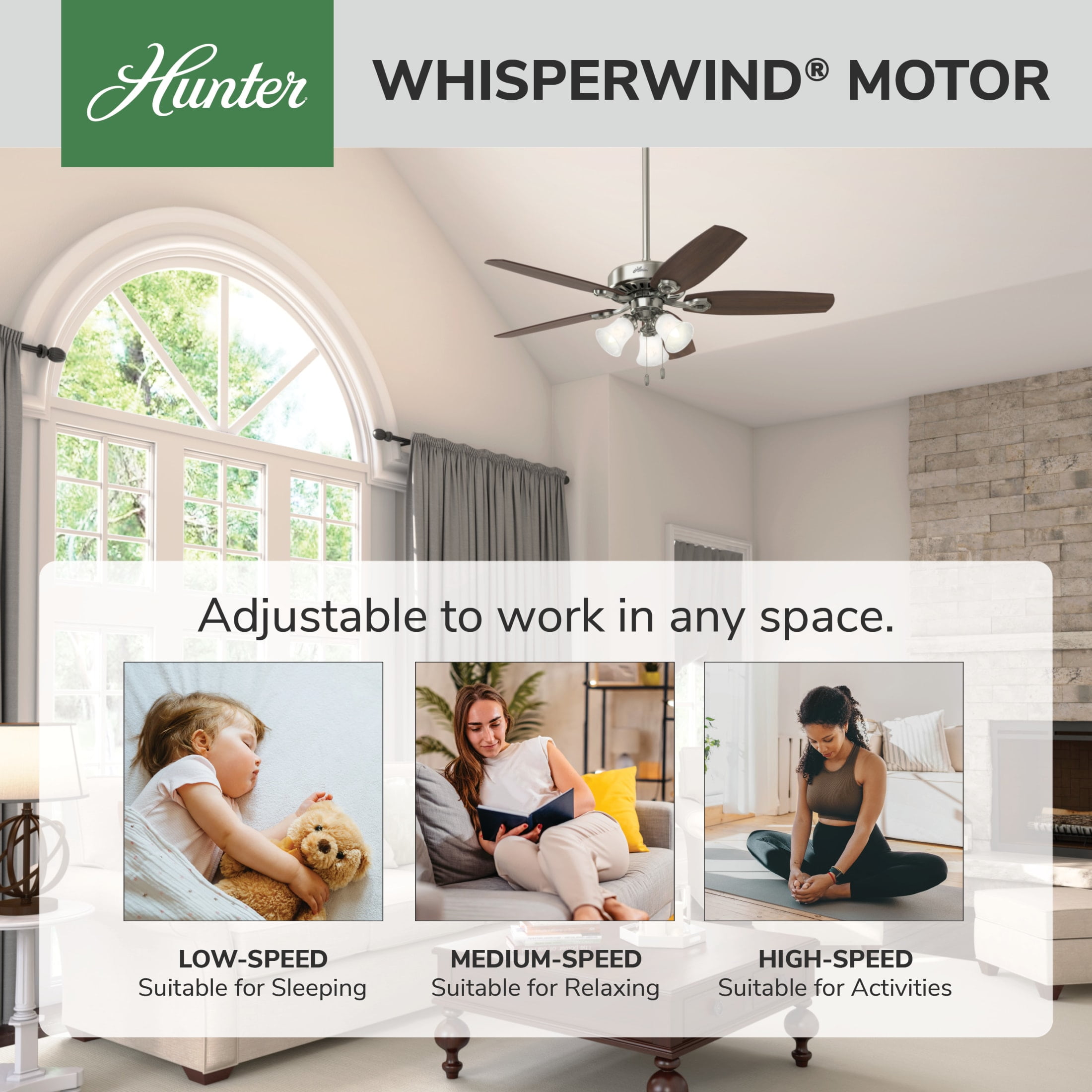 Hunter - Builder Indoor Ceiling Fan With Light, 52-inch, Brushed Nickel, Traditional-style, 3-speed WhisperWind Motor, 53237, for Living Rooms, Bedrooms - Image 14