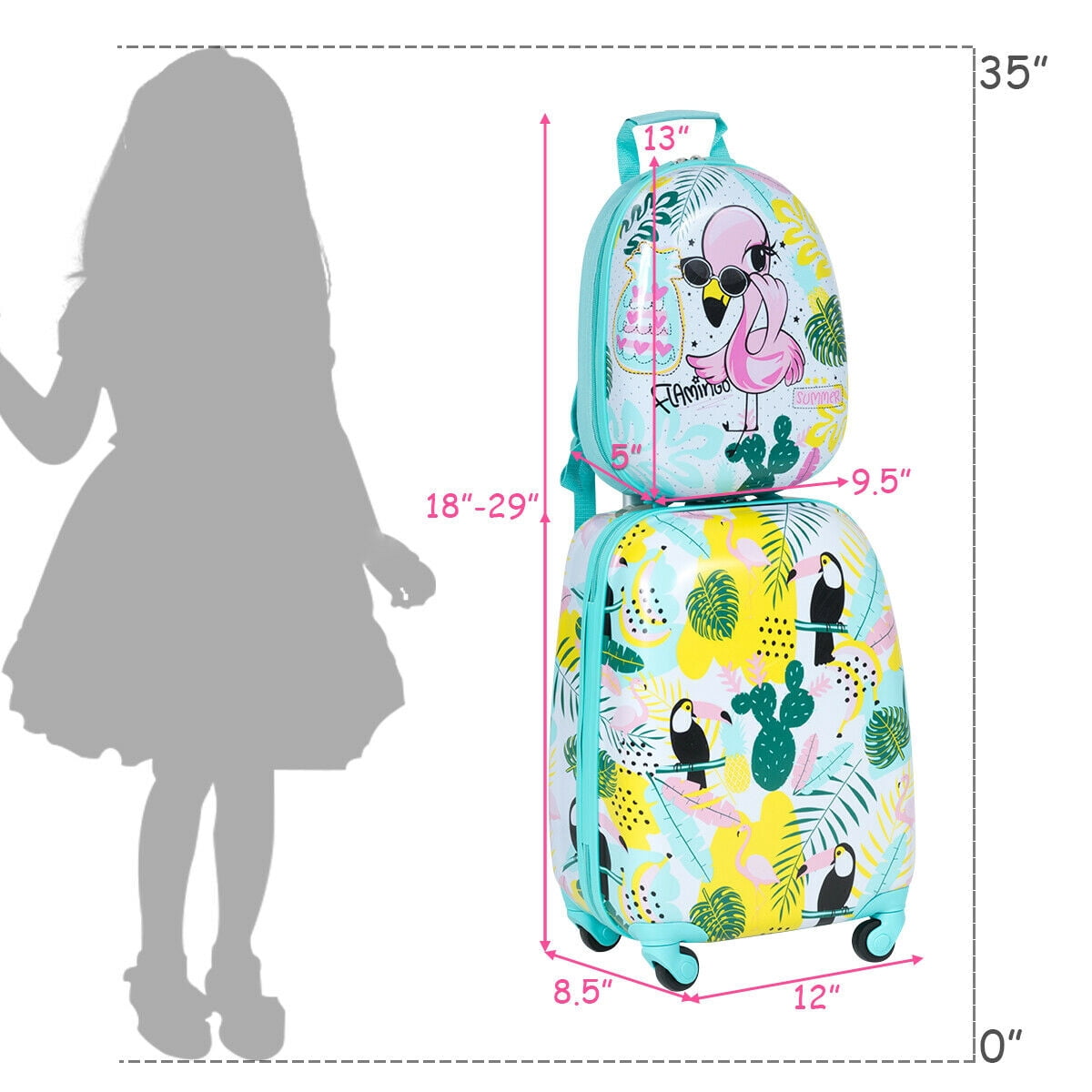 Gymax 2PC Kids Luggage Set Backpack & Rolling Suitcase Travel ABS Flamingos - Image 10