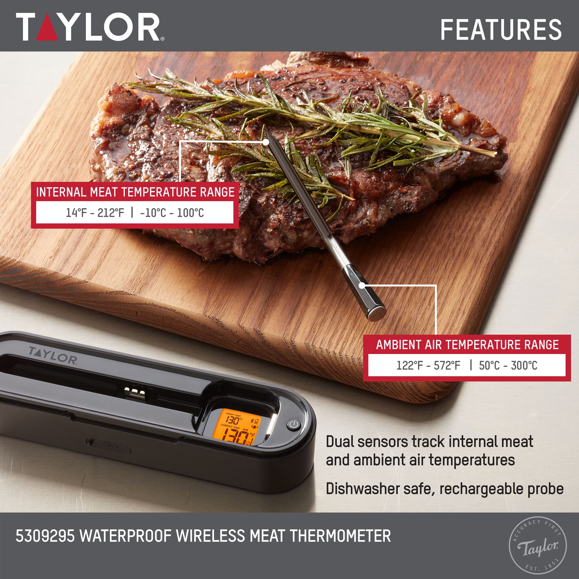 Taylor Waterproof Bluetooth Digital Wireless Grill and Meat Thermometer with Smart Probe Black - Image 4