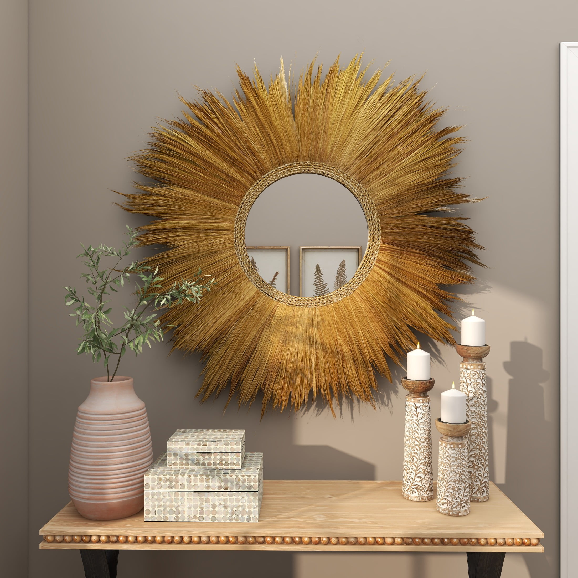 DecMode 45" x 45" Brown Tribal Inspired Sunburst Grass Wall Mirror with Coiled Rope Center - Image 8