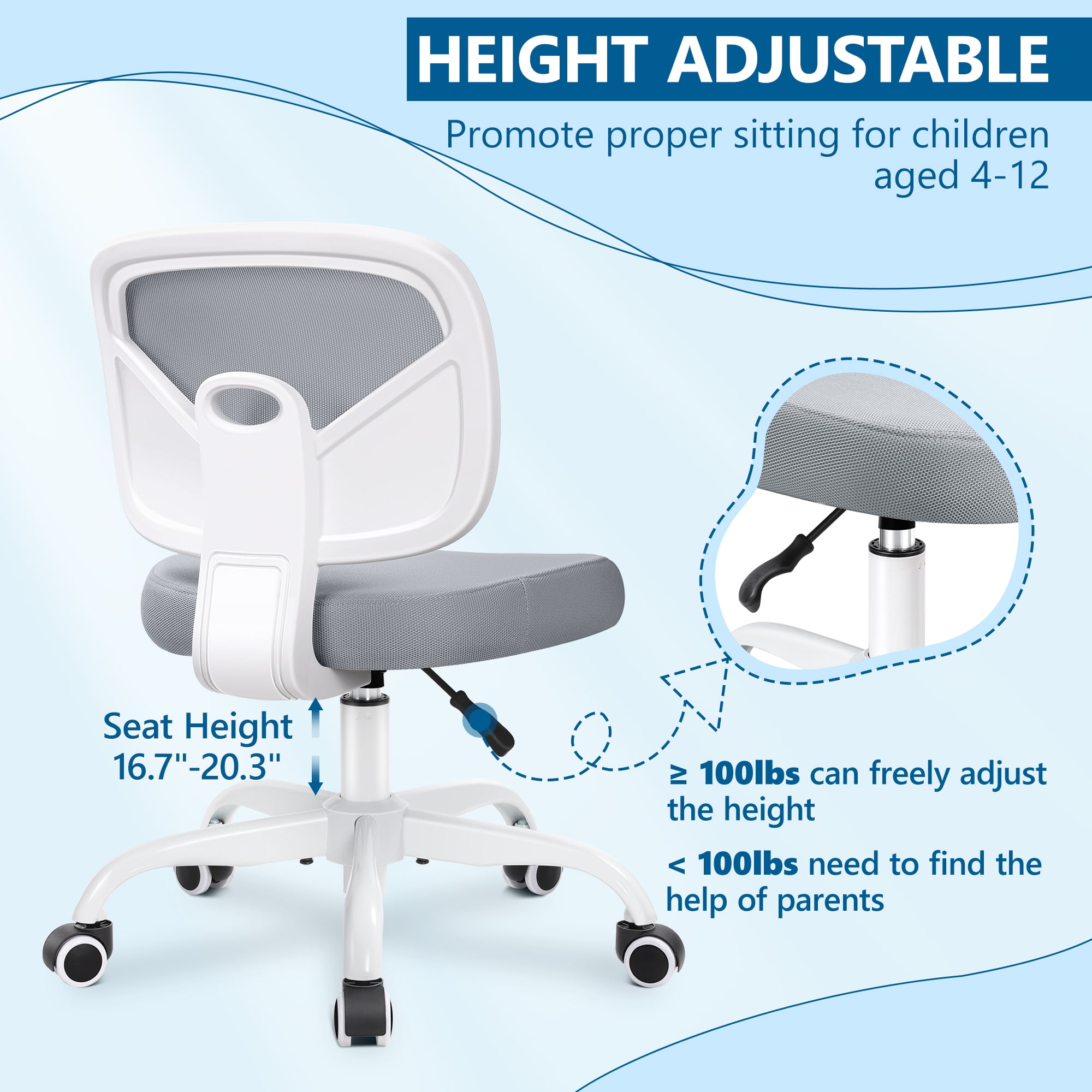 Coolhut Kids Desk Chair, Grey Study Chair for Boys Girls with Height Adjustable, Swivel Mesh Task Student Chairs for 4-12, Growing Teen Office Chair for Home/School/Office - Image 6