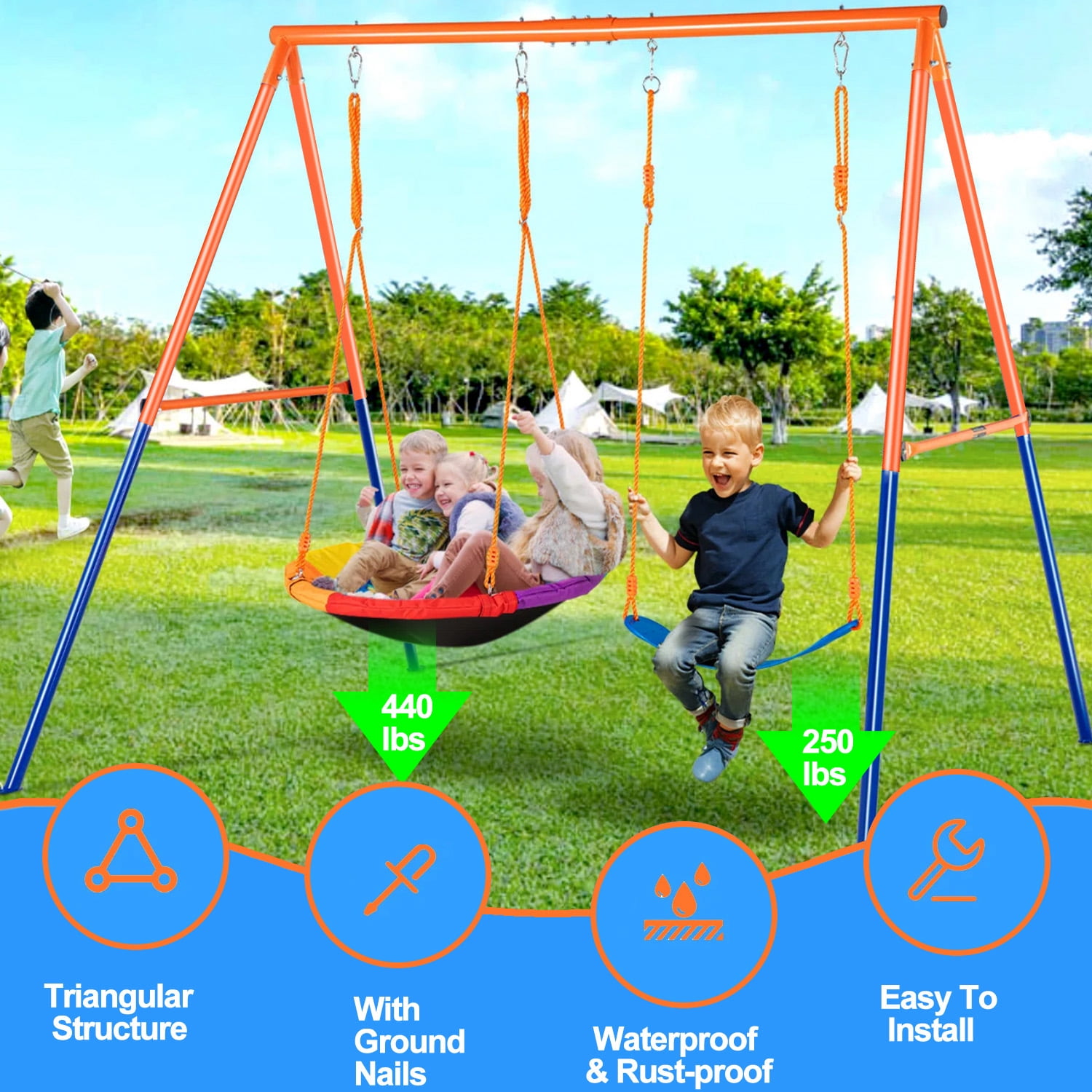 Swing Set for Kids, Heavy Duty Frame Metal Swing Stand with 1 Saucer & 1 Belt Swing Seat for Outdoor - Image 4
