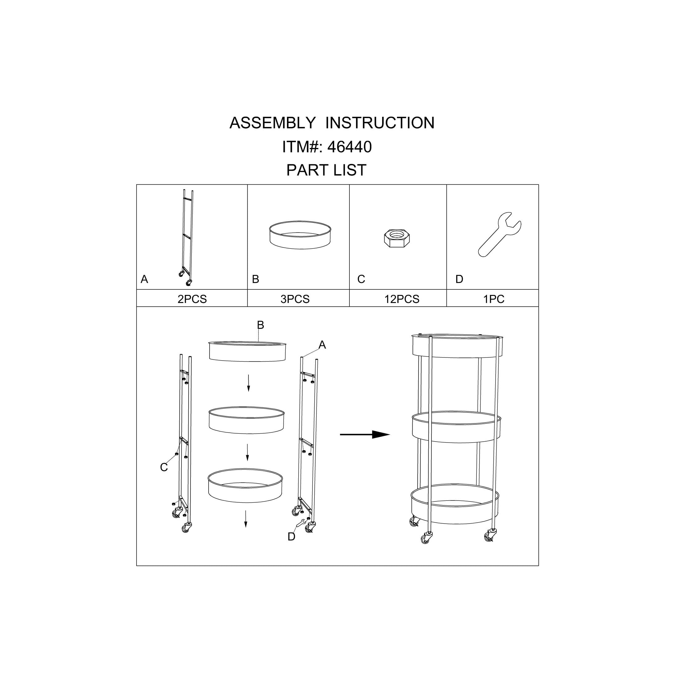 DecMode 16" x 34" White Metal Kitchen Rolling 3 Shelves Bar Cart with Wheels, 1-Piece - Image 6