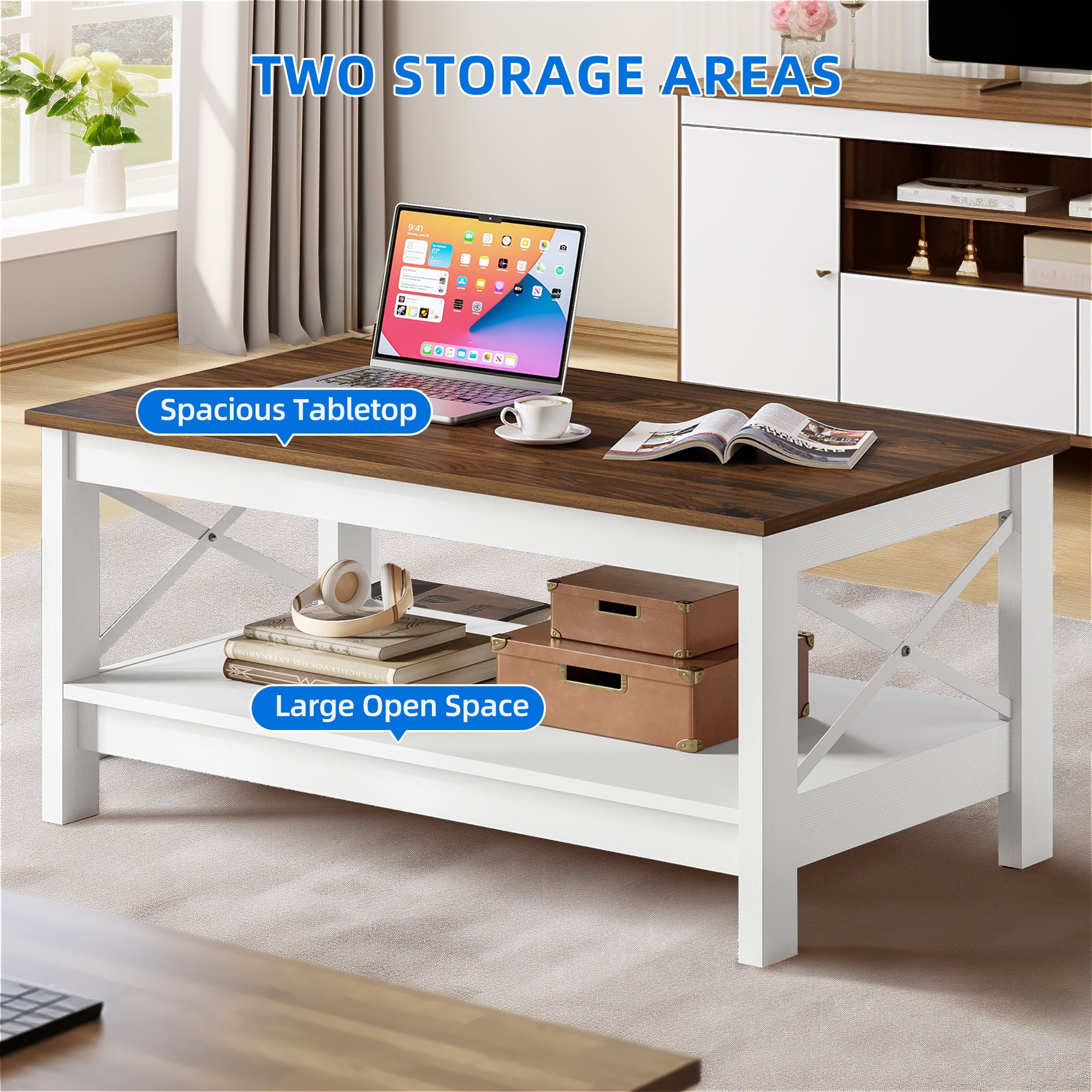 Dextrus Farmhouse 2-Tier Rectangular Wood Coffee Table, Brown/White - Image 5