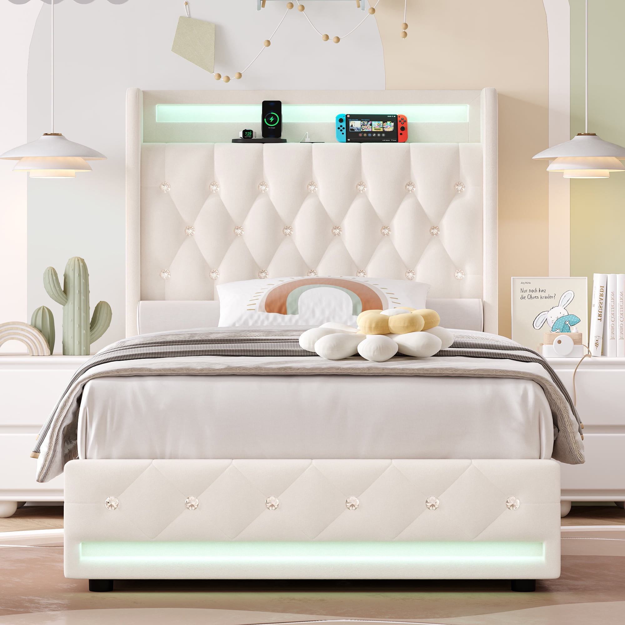 Homfa Twin Bed Frame with LED Light & Charge Station, 4 Storage Drawers Modern Upholstered Wingback Platform Bed Frame, Beige Velvet - Image 5