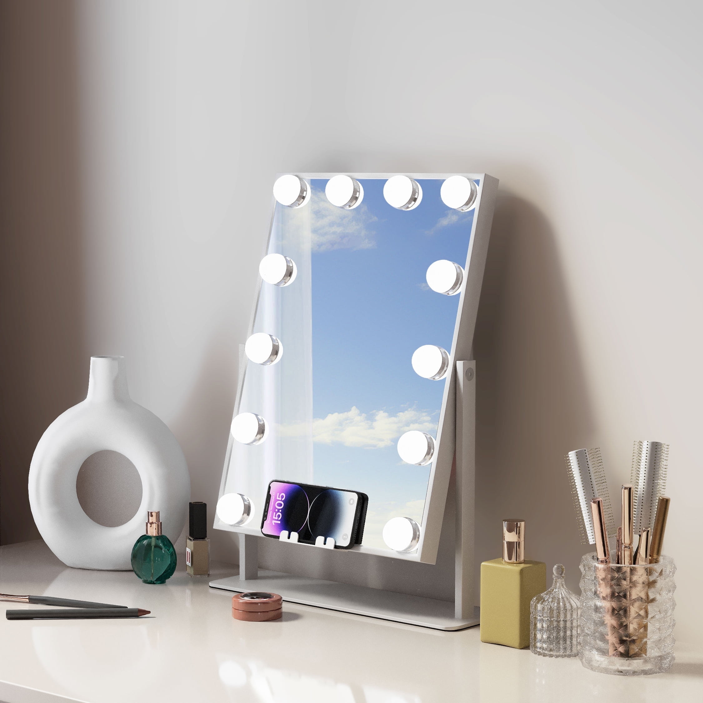 Fenchilin Vanity Makeup Mirror with Lights Bluetooth Wireless Charging Tabletop Metal White - Image 10
