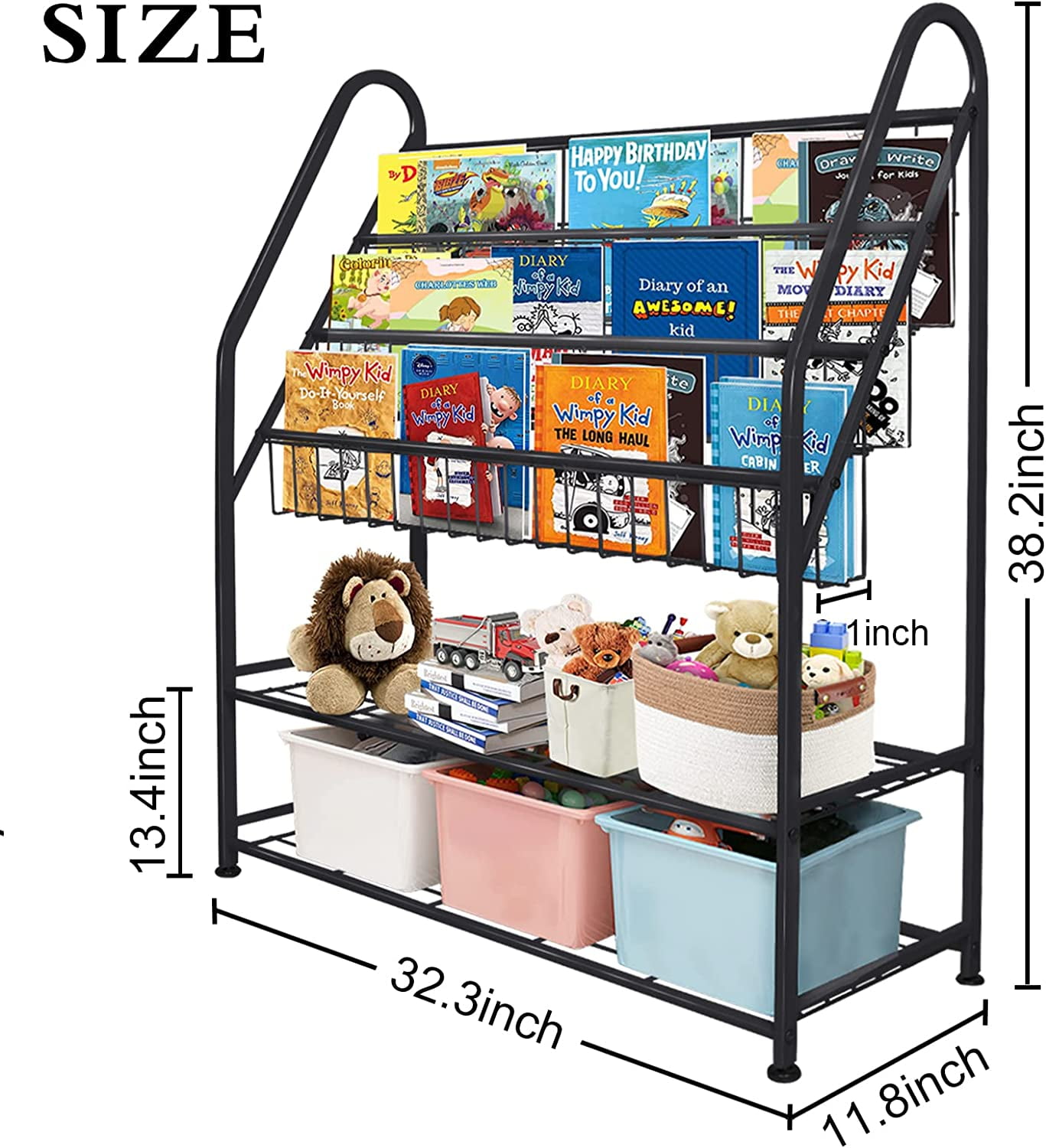 aboxoo Metal Kids Black Bookshelf LargeFreestanding for Children Room 32 in Toys Organizer Large Stable Bookcase Bookstore Library Book Unit Storage Kids Bed Living Room - Image 4