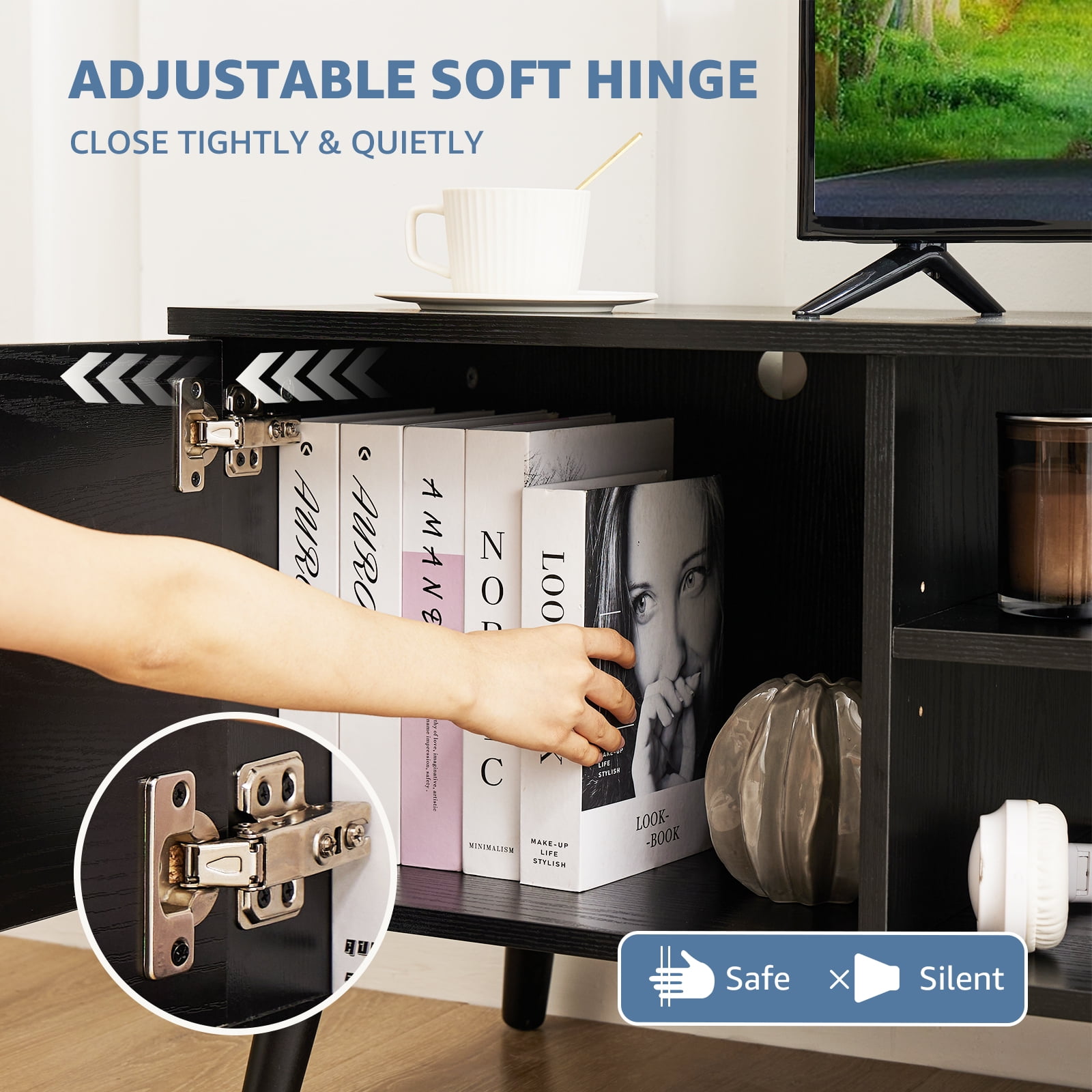 CONCETTA Wood TV Stand with 2 Storage Cabinets, Modern Entertainment Center for TVs up to 60 inches, Media Console with Adjustable Shelves and Cable Management, Black - Image 2