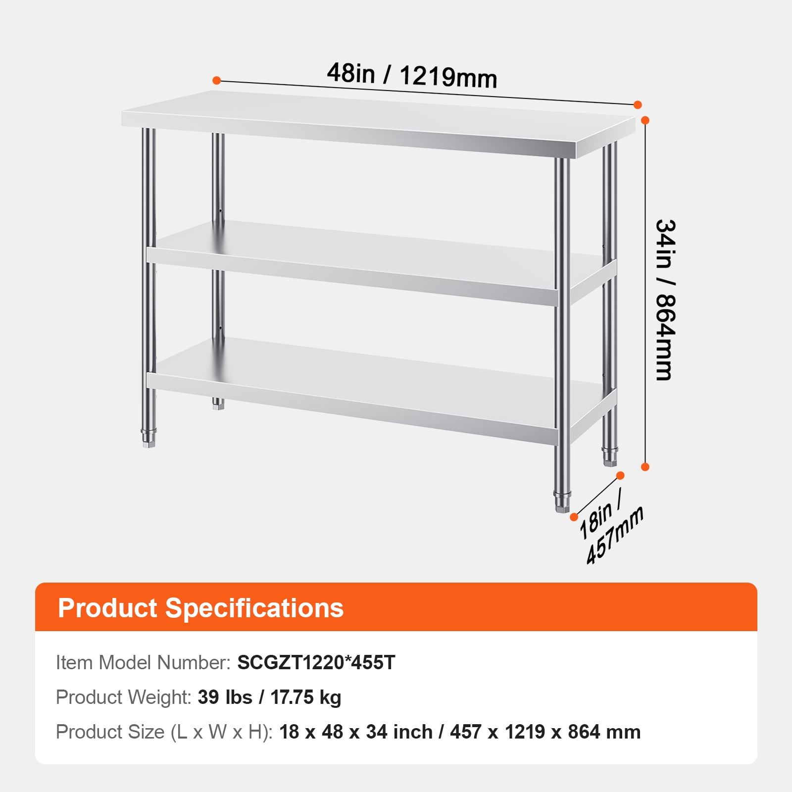 KFFKFF Metal Kitchen Workstation, 18 x 48 x 34 Inch, Stainless Steel, Includes 2 Adjustable Shelves, Durable Surface for Cooking, BBQ, Home, Garage Use - Image 7