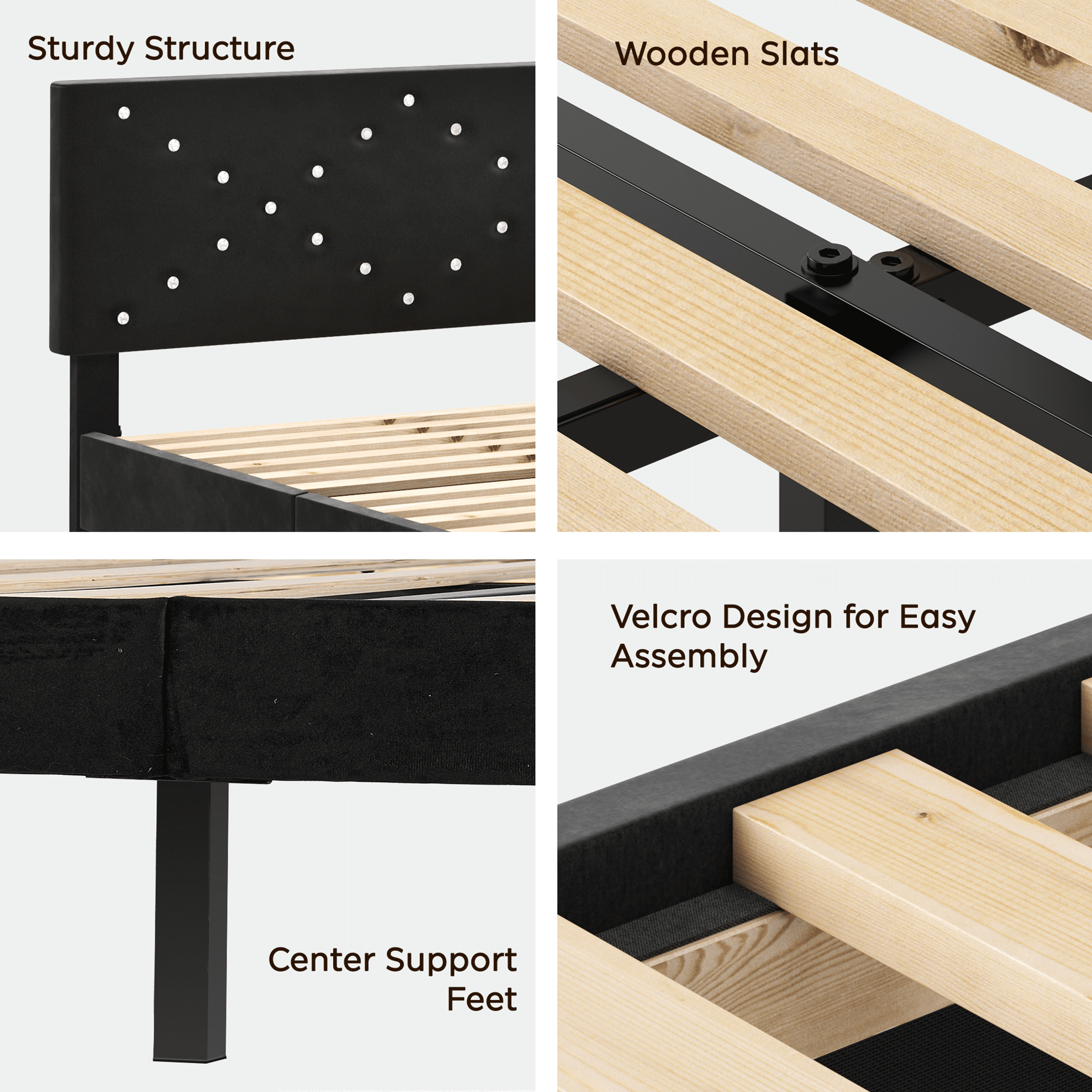 UHOMEPRO Black Platform Bed Frame, Twin Bed Frame with Velvet Upholstered Headboard, No Box Spring Needed, Easy Assembly - Image 2