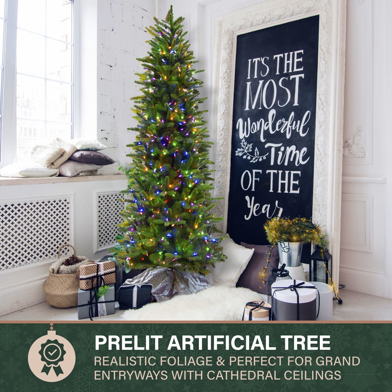 Fraser Hill Farm 9-Ft. Carmel Pine Slim Artificial Christmas Tree with Dual Multicolor & Warm White LED Lights, FFCP090-6GR - Image 14