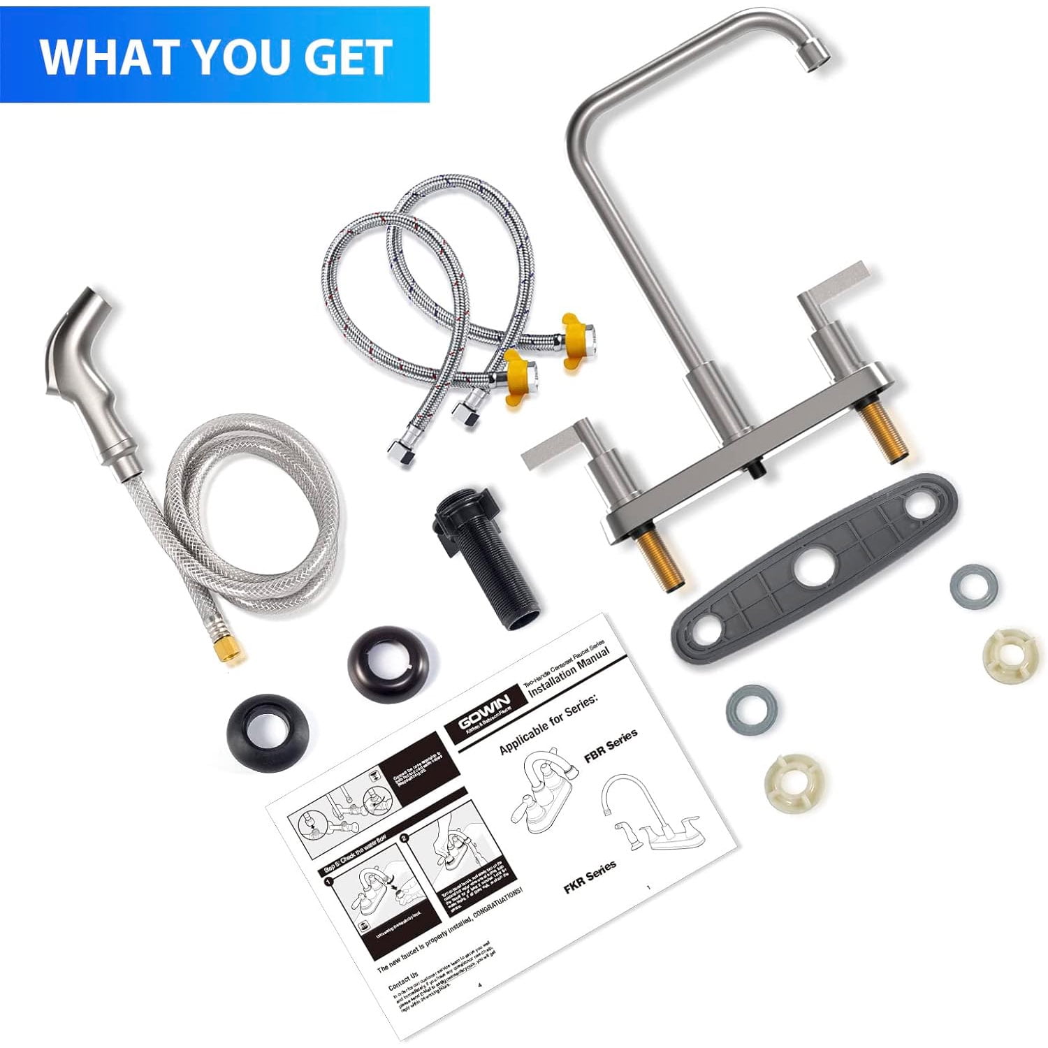 GOWIN - Kitchen Faucet with Sprayer,Brushed Nickel Kitchen Sink Faucet,3 Hole or 4 Hole Faucet for Kitchen Sink,Stainless Steel 2 Handle Kitchen Faucet with Side Sprayer,4 Hole Kitchen Faucets - Image 3