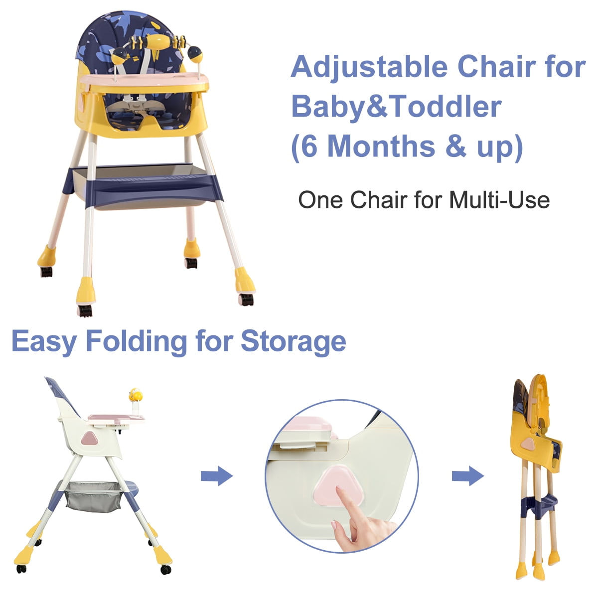 PUEDO 4-in-1 Baby High Chair Portable Toddler Dining Chairs Eat & Play Convertible Highchair with Adjustable Tray, Yellow & Blue - Image 8