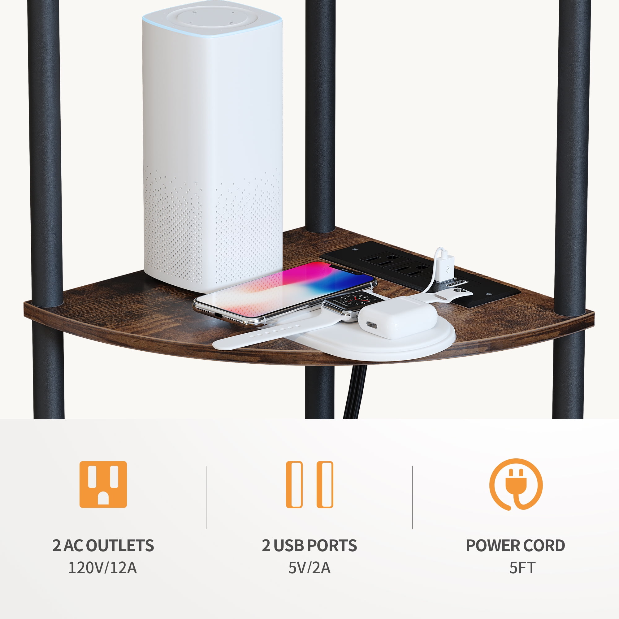 SUNMORY 5 Tier 65 in Wood and Metal Walnut Corner Bookcase with 2 USD Ports and 2 Power Outlets - Image 4