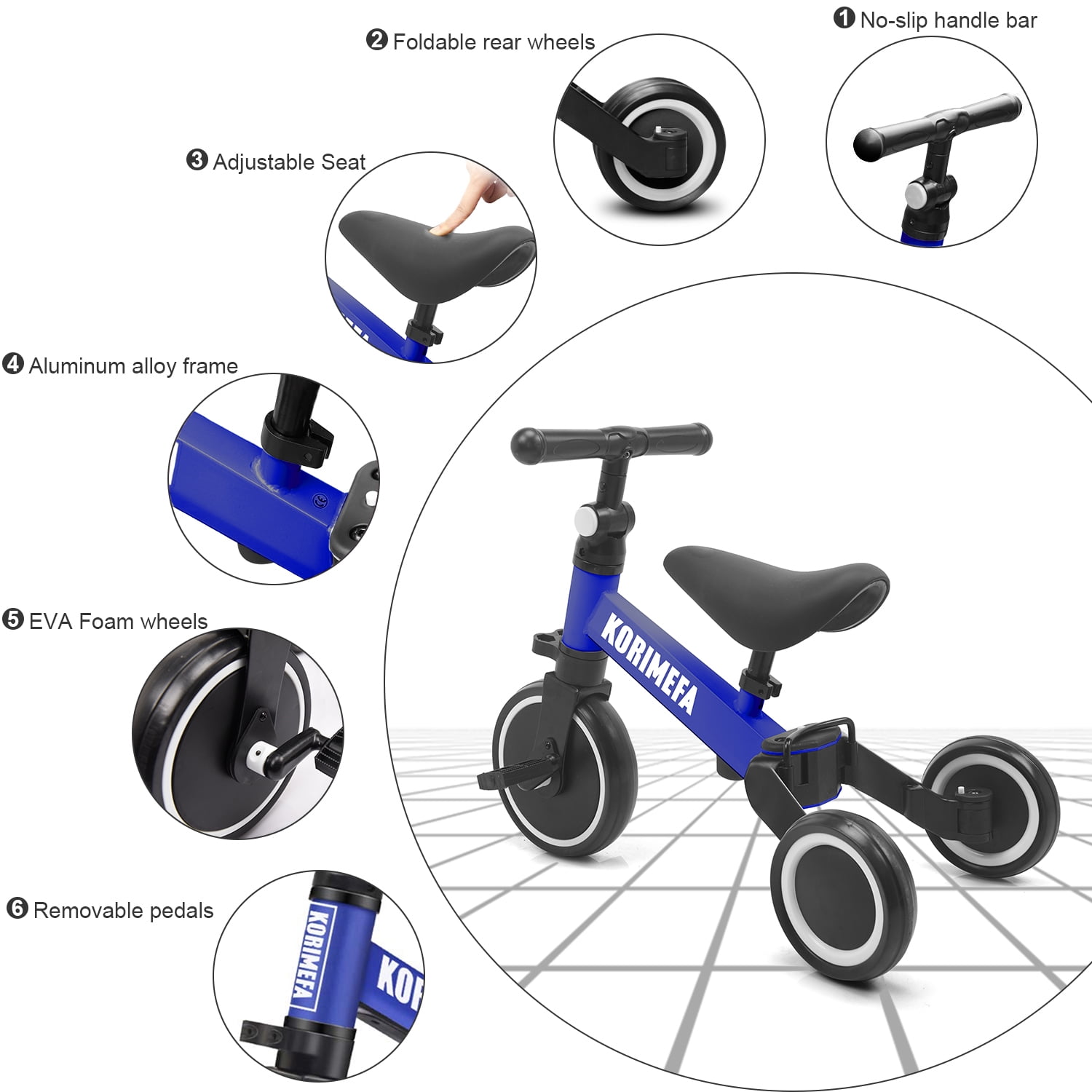 KORIMEFA 5 in 1 Toddler Bike for 1-4 Years Old Kids, Kids Trike Tricycle for Balance Training, Baby Bike Toys Gift for Boy & Girl - Image 11