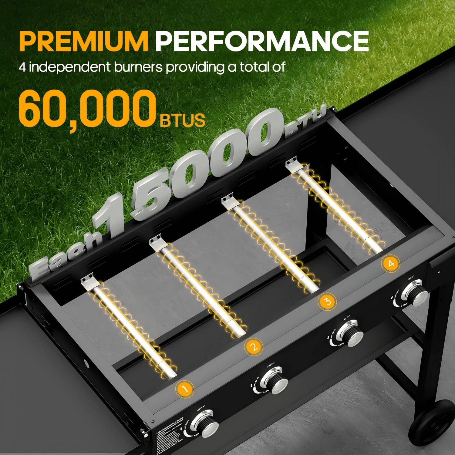 SUGIFT 36" 4-Burner Propane Gas Griddle, 60,000 BTU Flat Top Grill with Side Shelf for Outdoor BBQ & Camping - Image 3
