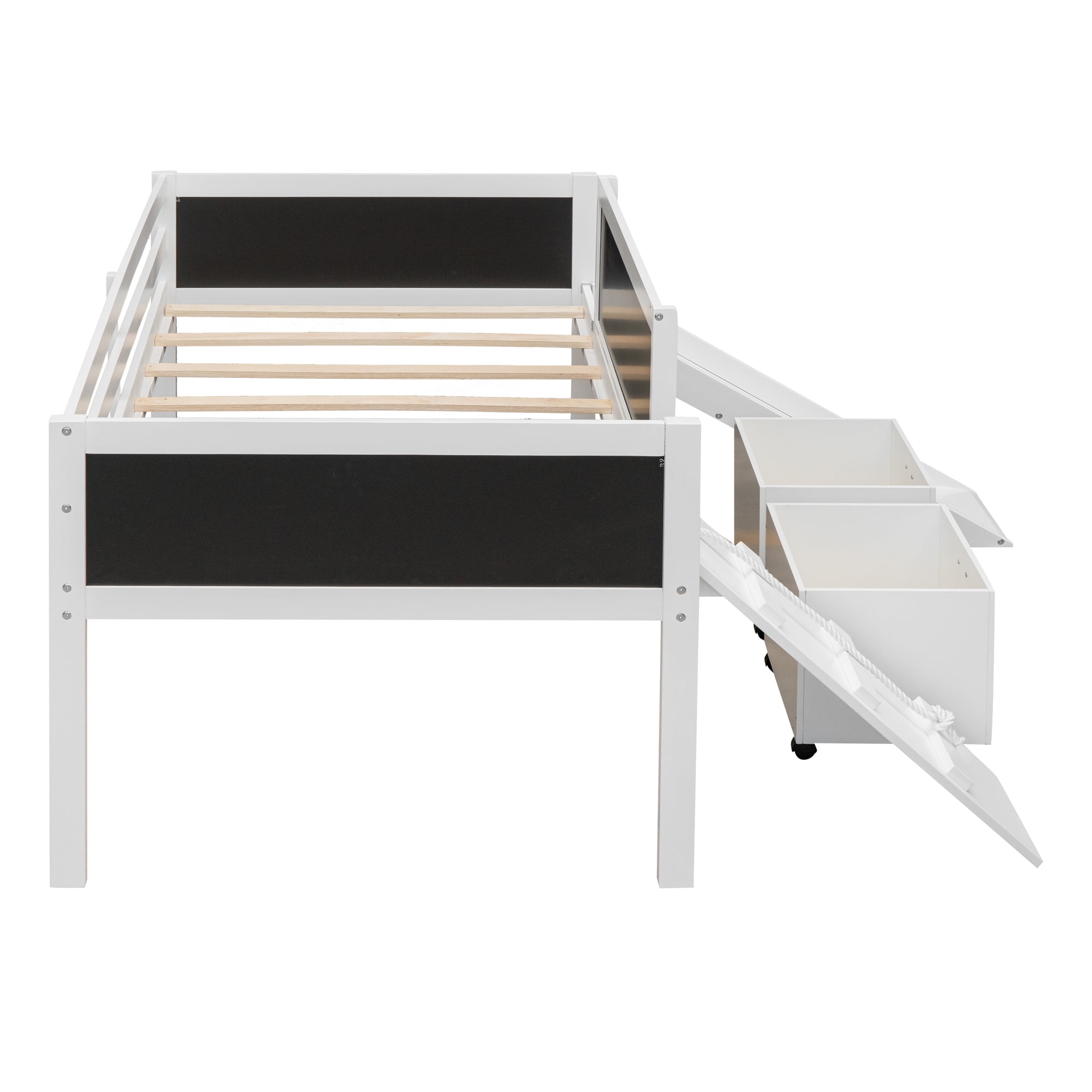 Euroco Wood Twin Size Loft Bed with Slide, Cabinets and Chalkboard, Climbing and Rope Design for Kids, White - Image 17