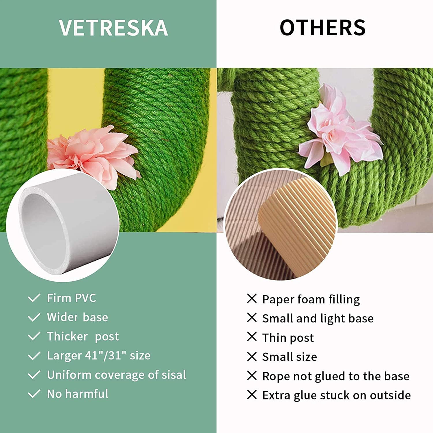 VETRESKA Cat Scratching Posts Cat Tower Tree Cat Scratcher with Hammock Sisal Rope 41.3'' Cactus - Image 9
