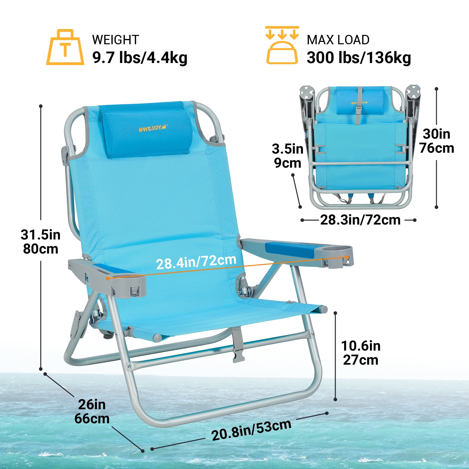 #WEJOY Folding Low Beach Chair, 5-Position Reclining Camping Chair, Portable Backpack Chairs, Backpack Beach Chairs for Adults with Cup Holder and Head Pillow, Supports up to 300 lbs - Image 6