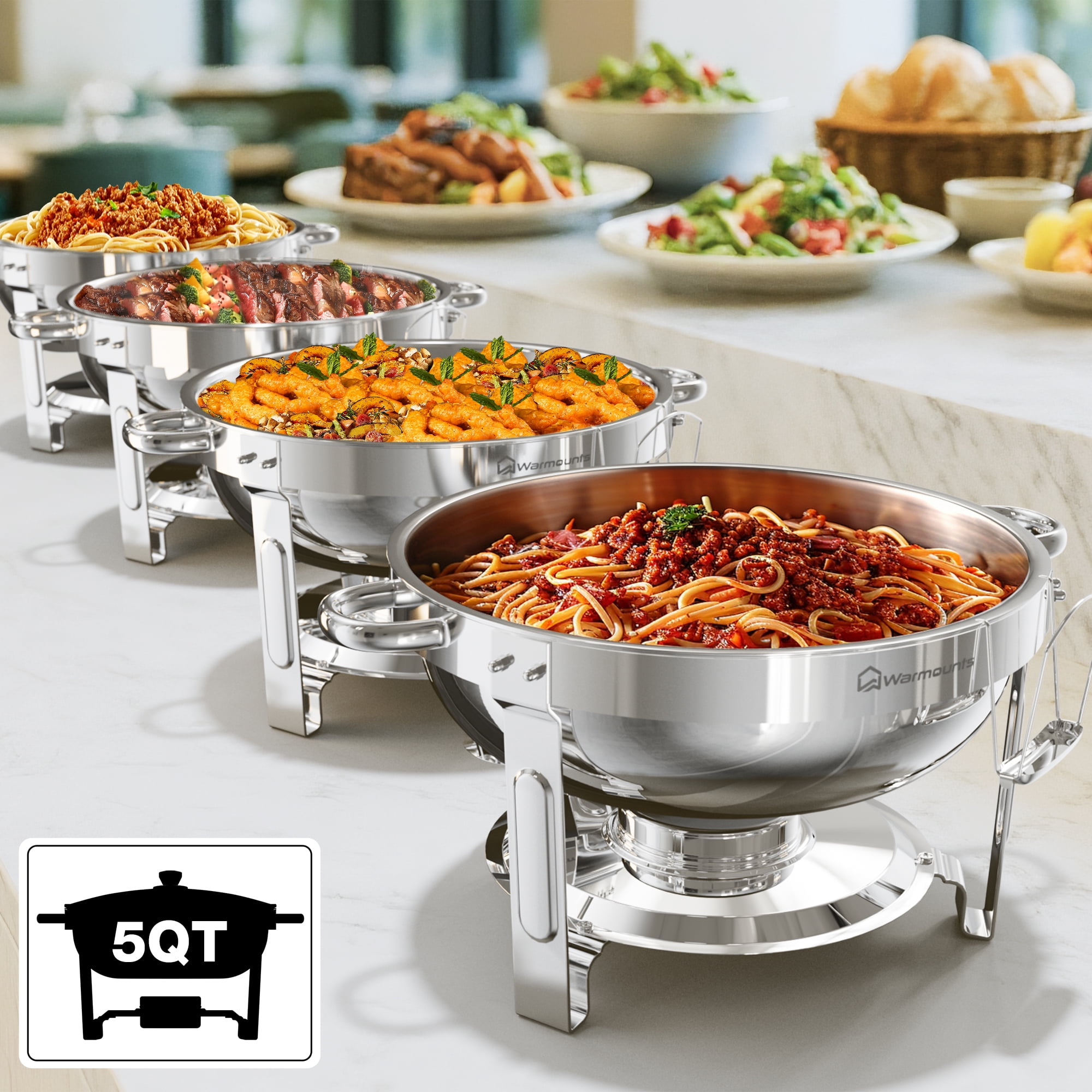 WARMOUNTS Round Chafing Dish Buffet Set 4 Pack, 5QT Polished Stainless Steel Chafing Dish, Buffet Servers and Warmers Set with Lid & Holder for Party, No Finger Cuts - Image 2