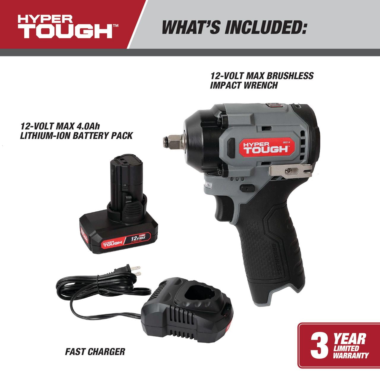 Hyper Tough 12V Max Cordless Brushless Impact Wrench with 4.0Ah Lithium-Ion Battery and Charger, 225 ft-lbs Torque - Image 2