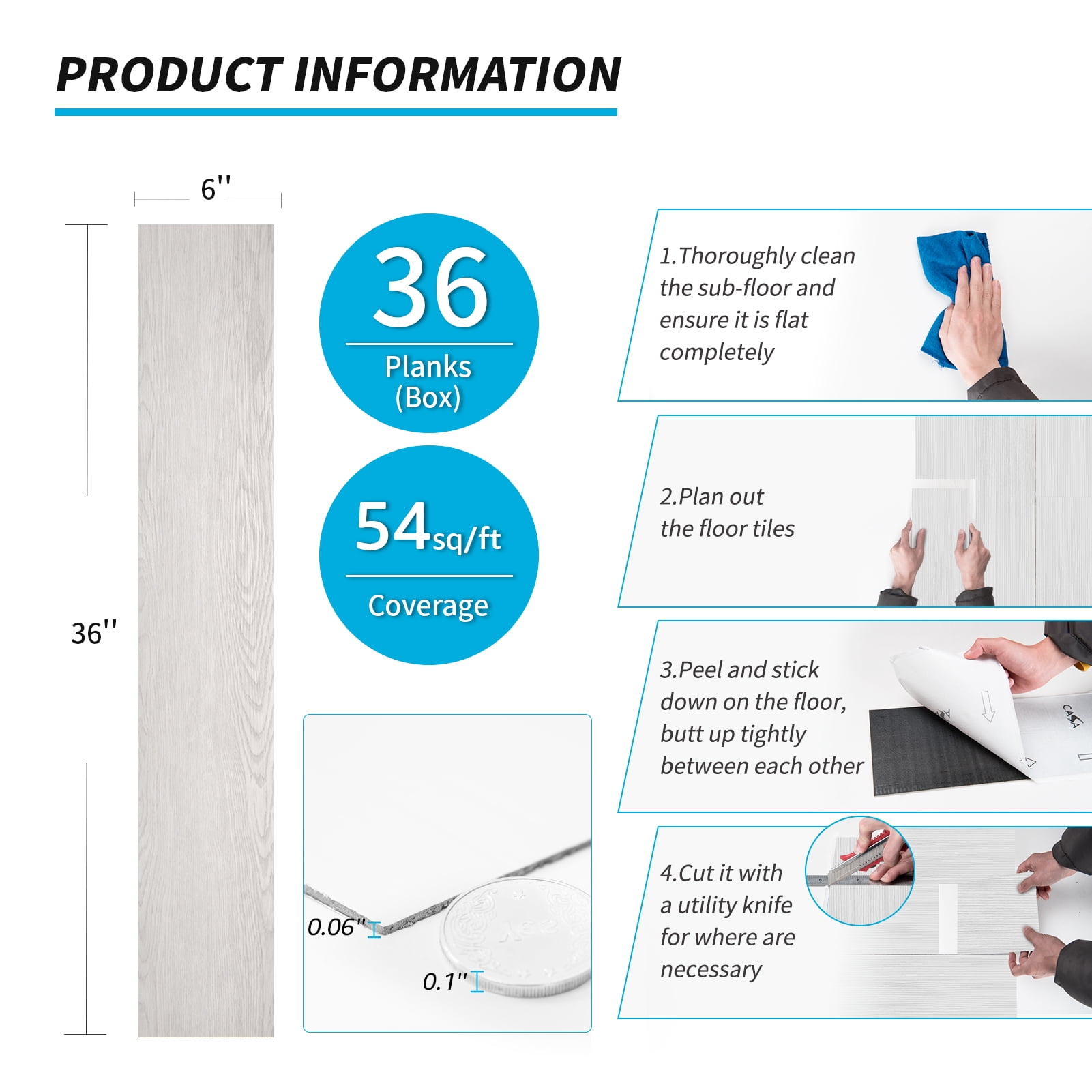 Self-adhesive 6" x 36" x 2mm Luxury Vinyl Plank 36 PACK-54 Sq.Ft - Image 4