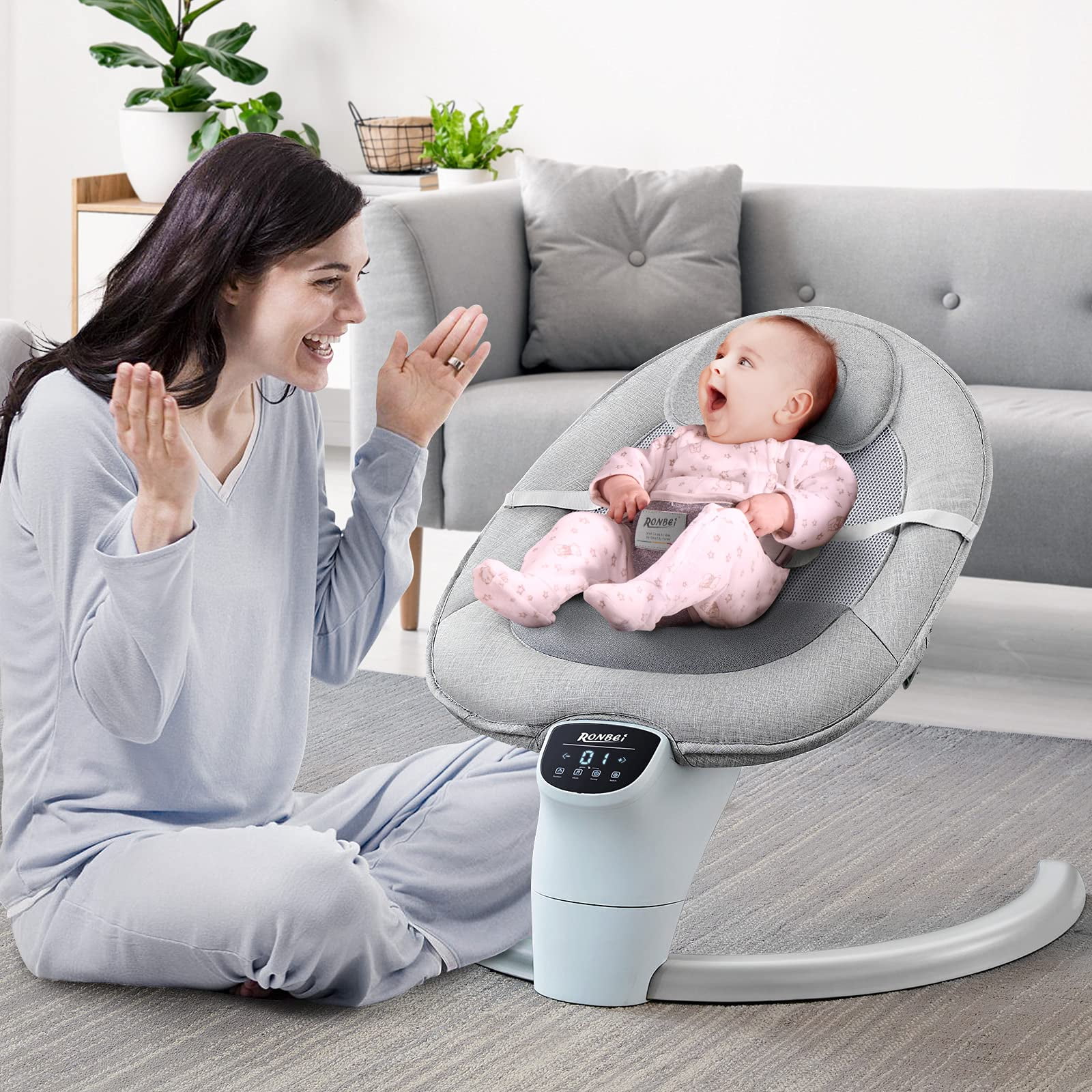 RONBEI 3 IN 1 Baby Swing for Infants Soothe Portable Newborn Swing with Music Remote Control Timing Function Mosquito Net Gray - Image 6