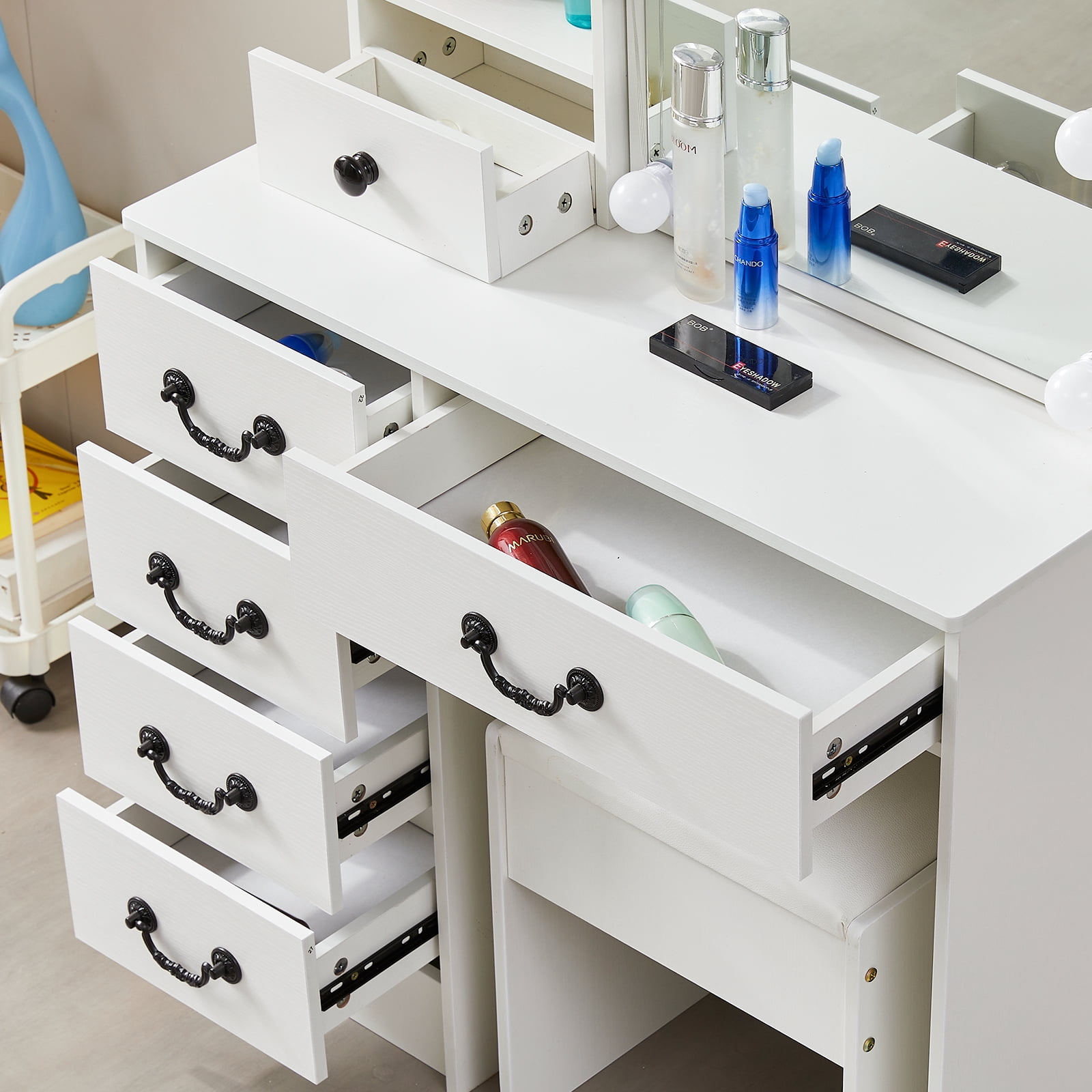 JBLCC Modern Vanity Set with Mirror and Lights, White Vanity Desk with Stool for Women Girls, Makeup Vanity Table with Shelves and 5 Drawers for Bedroom - Image 3