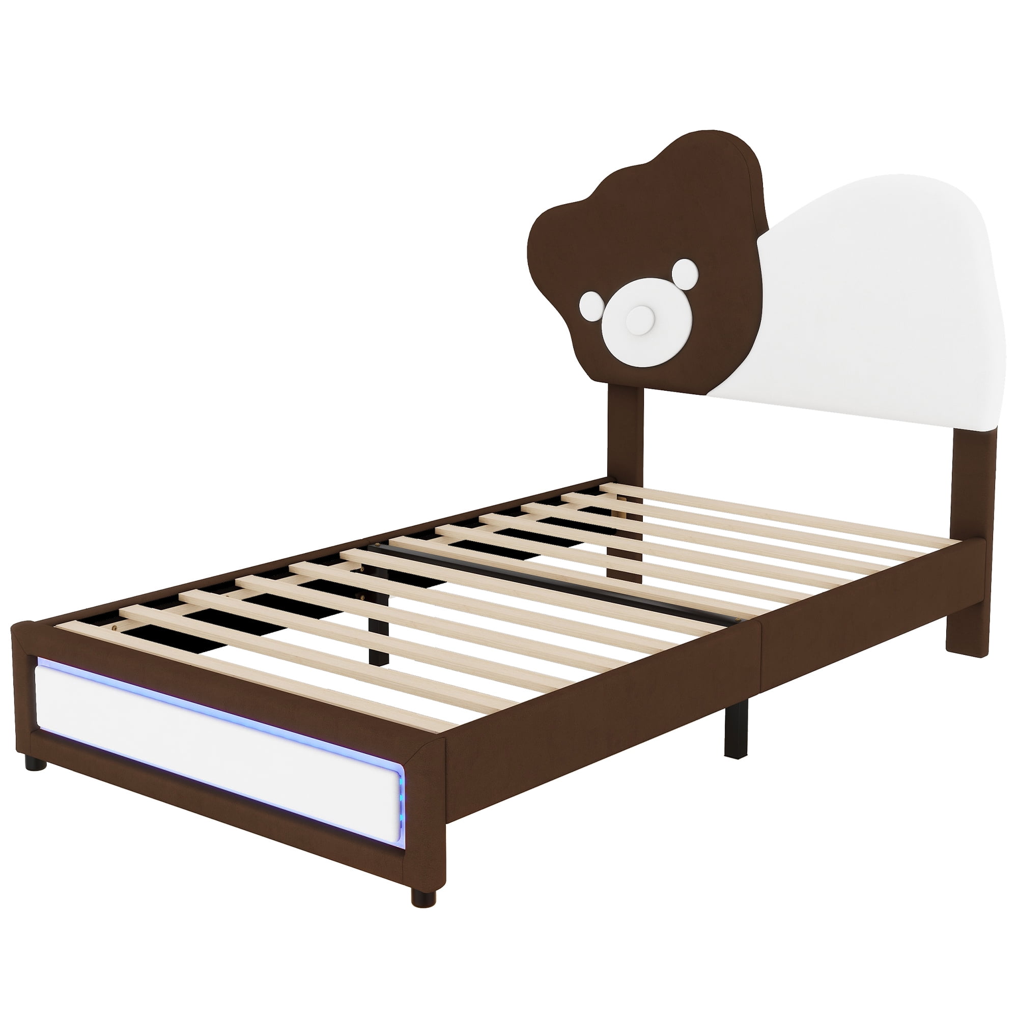 Euroco Upholstered Full Size Platform Bed Frame, Cartoon Bear-Shaped Bed with LED Light for Kids, White - Image 12