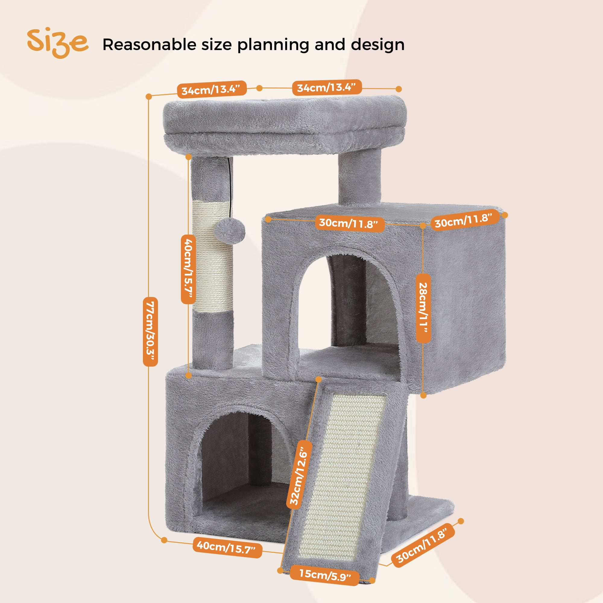 PAWZ Road 30" Cat Tree Condo with Sisal Scratcing Post Tower Ramp for Indoor Catss, Gray - Image 2