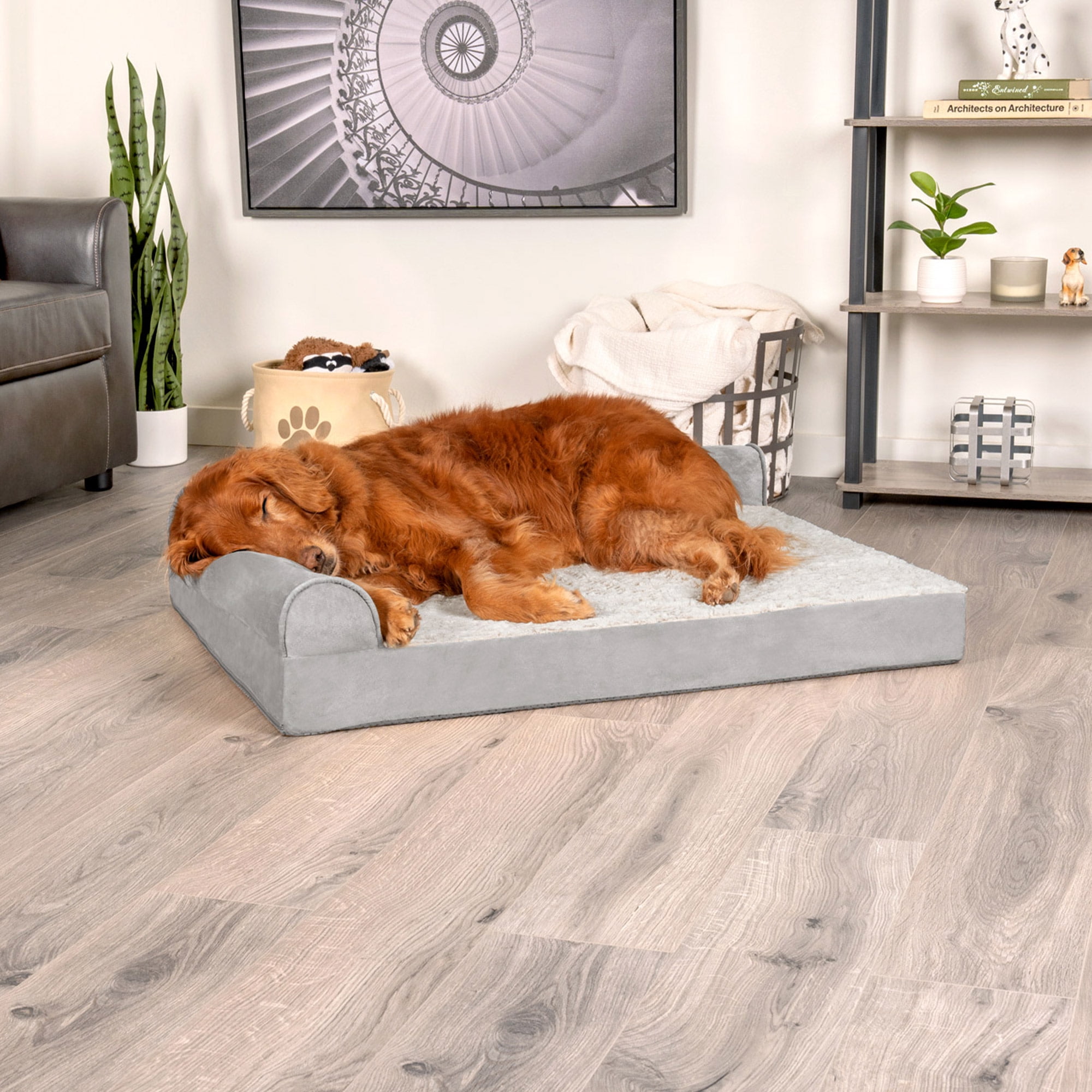 FurHaven Pet Products Jumbo Embossed Faux Fur & Suede Orthopedic Deluxe L-Chaise Dog Bed, Gray - Image 6