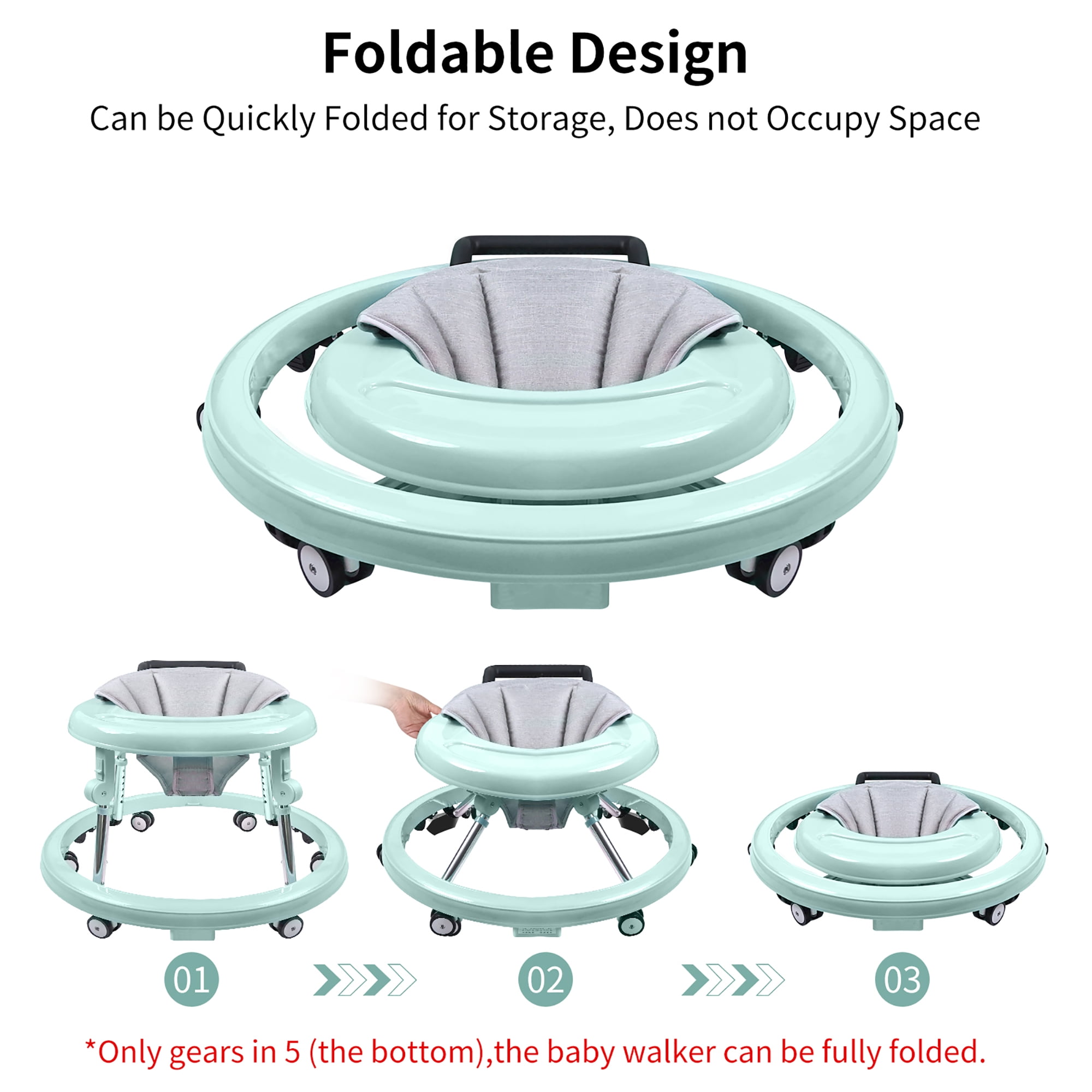 Baby Walker, Baby Walker with Wheels, Foldable 9-Gear Height Adjustable, Baby Walkers and Activity Center with Foot Pads/Mute Wheels, Baby Walkers for Baby Boys and Girls 6-24 Months - Image 2