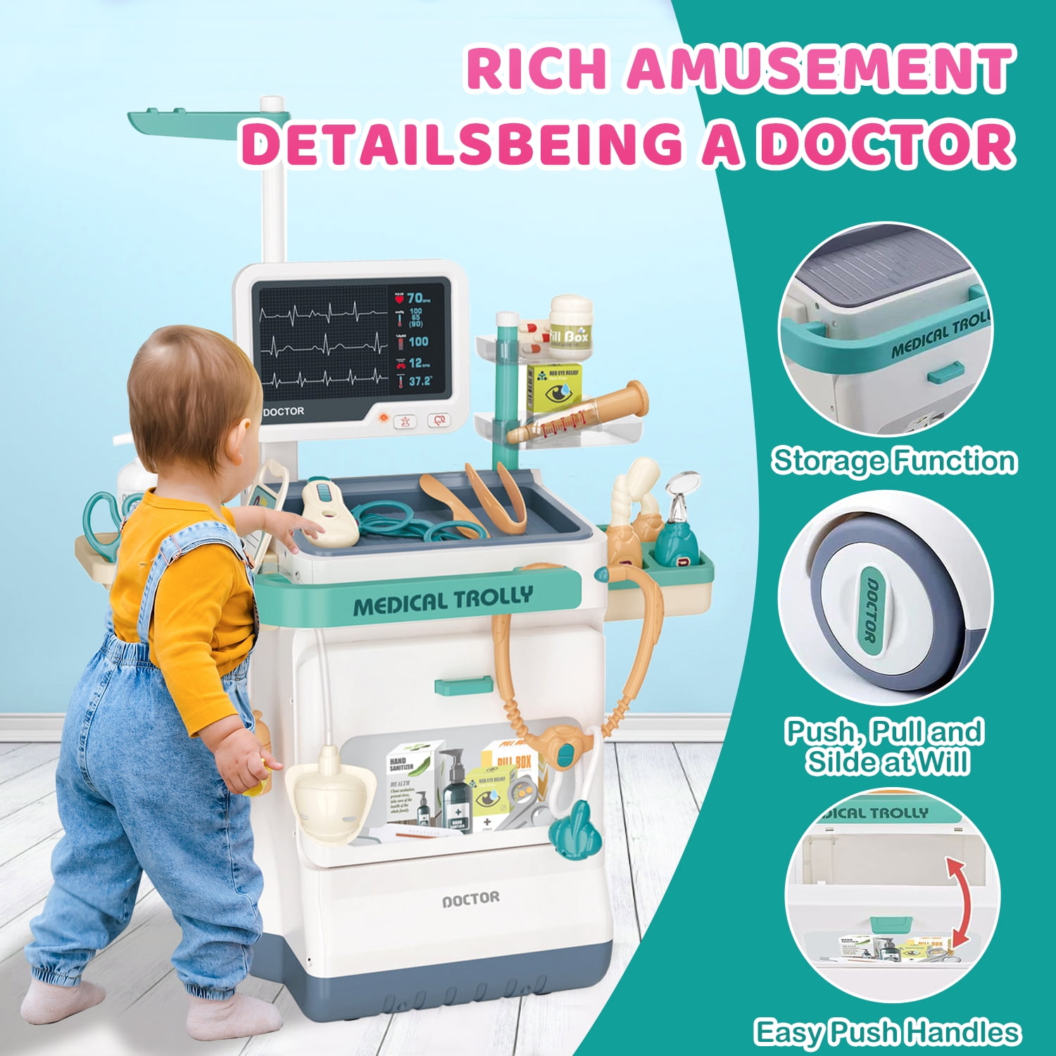 PayUSD Doctor Kit for Kids Doctor Set Pretend Play Medical Kit Station Set for Girls Boys Dr. Playset Role Play Mobile Cart Trolley for Toddler Toys Christmas Gift, 26 PCS - Image 7