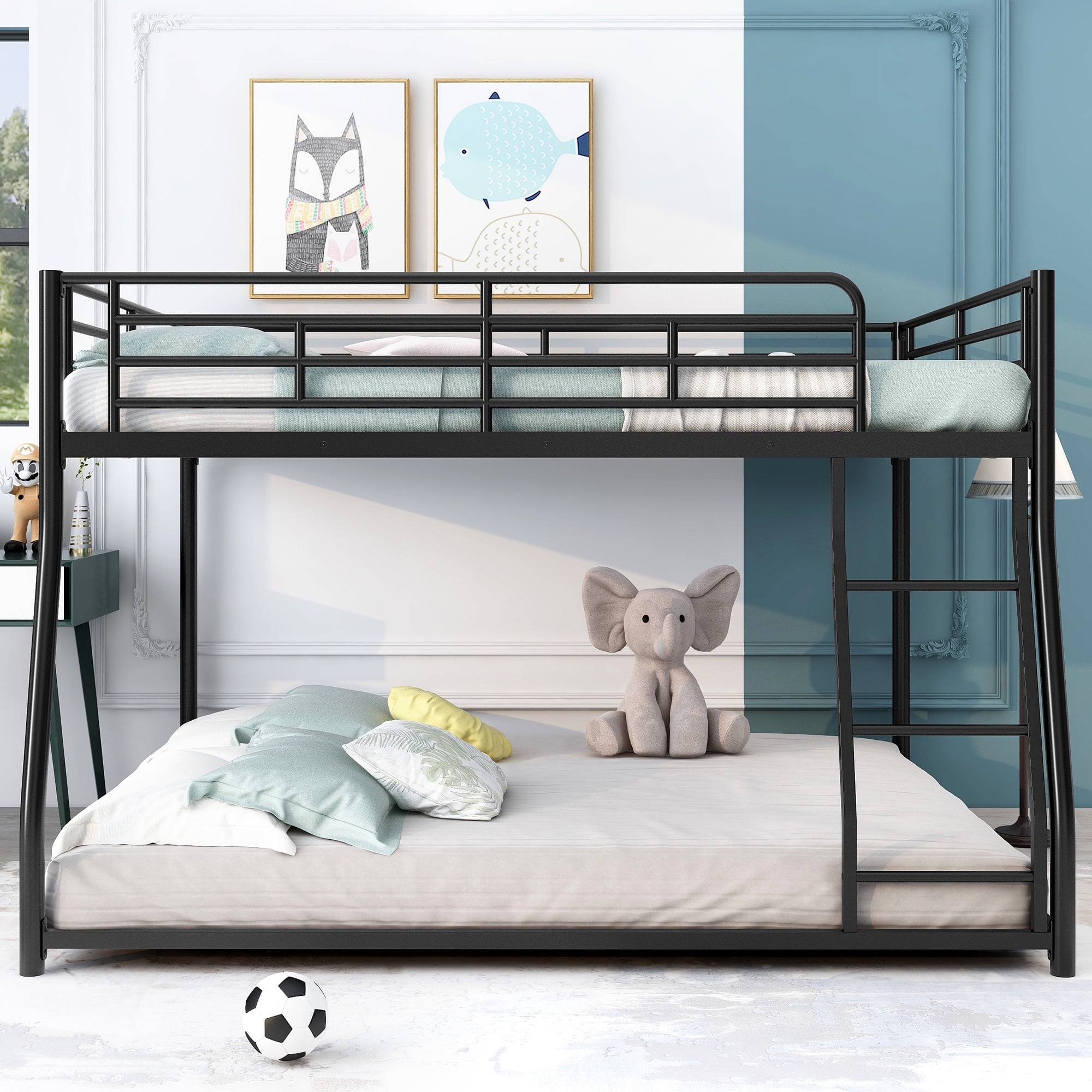 Euroco Metal Full XL over Queen Bunk Bed, Floor Bed with Ladder, Black - Image 8