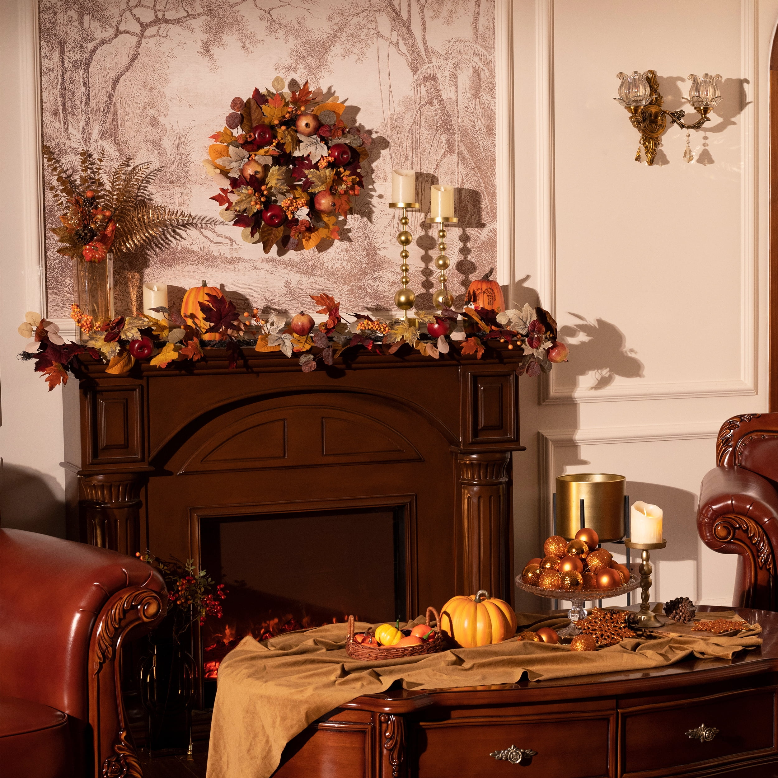 Valery Madelyn 24 Inches Pre-Lit Fall Wreath Lighted Thanksgiving Wreath with Pomegranate & Apple Fall Wreath for Front door Indoor Fireplace Farmhouse - Image 4