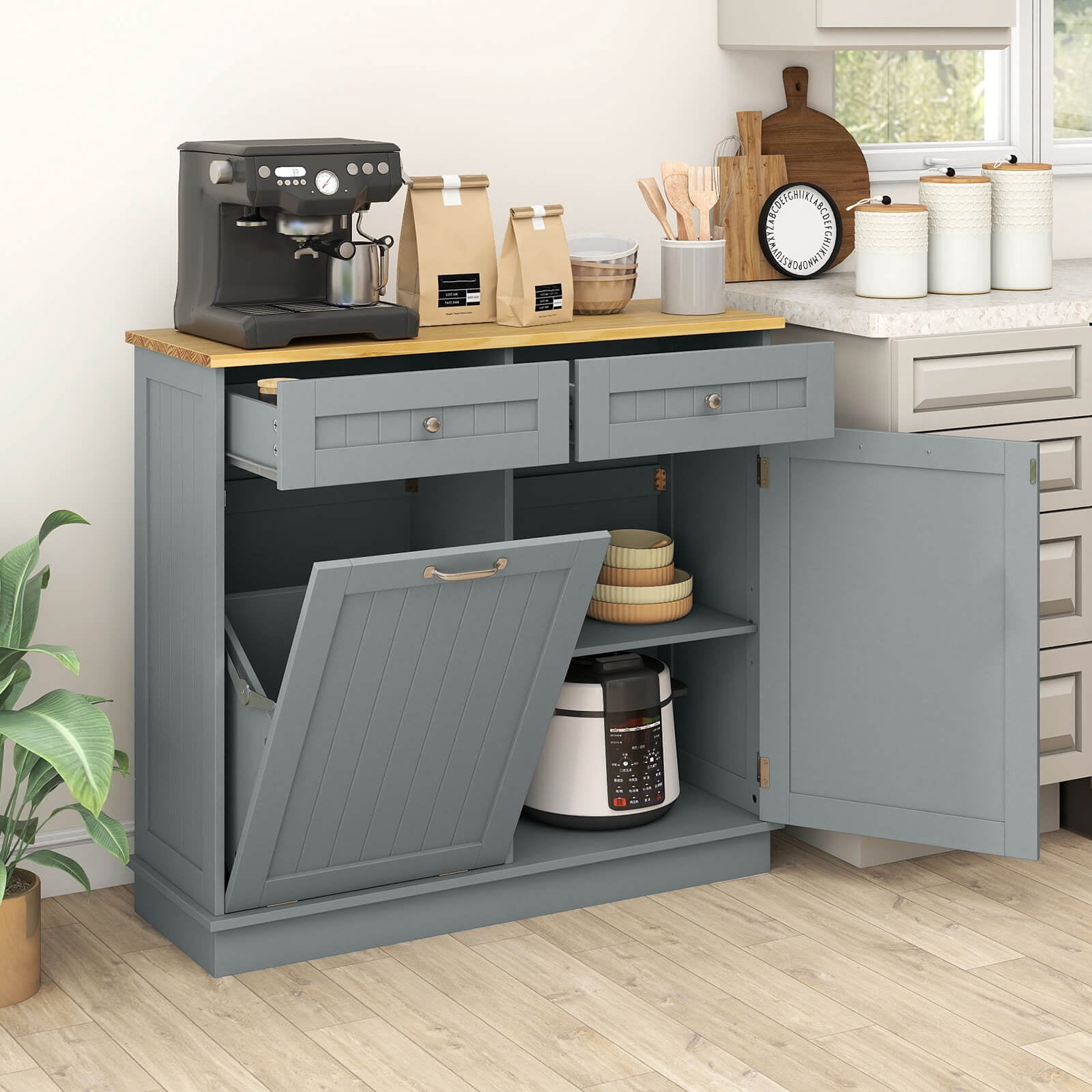 Costway 15.5 Gallon Kitchen Tilt Out Trash Cabinet Rubber Wood Tabletop 2 Drawers Shelf Gray - Image 5