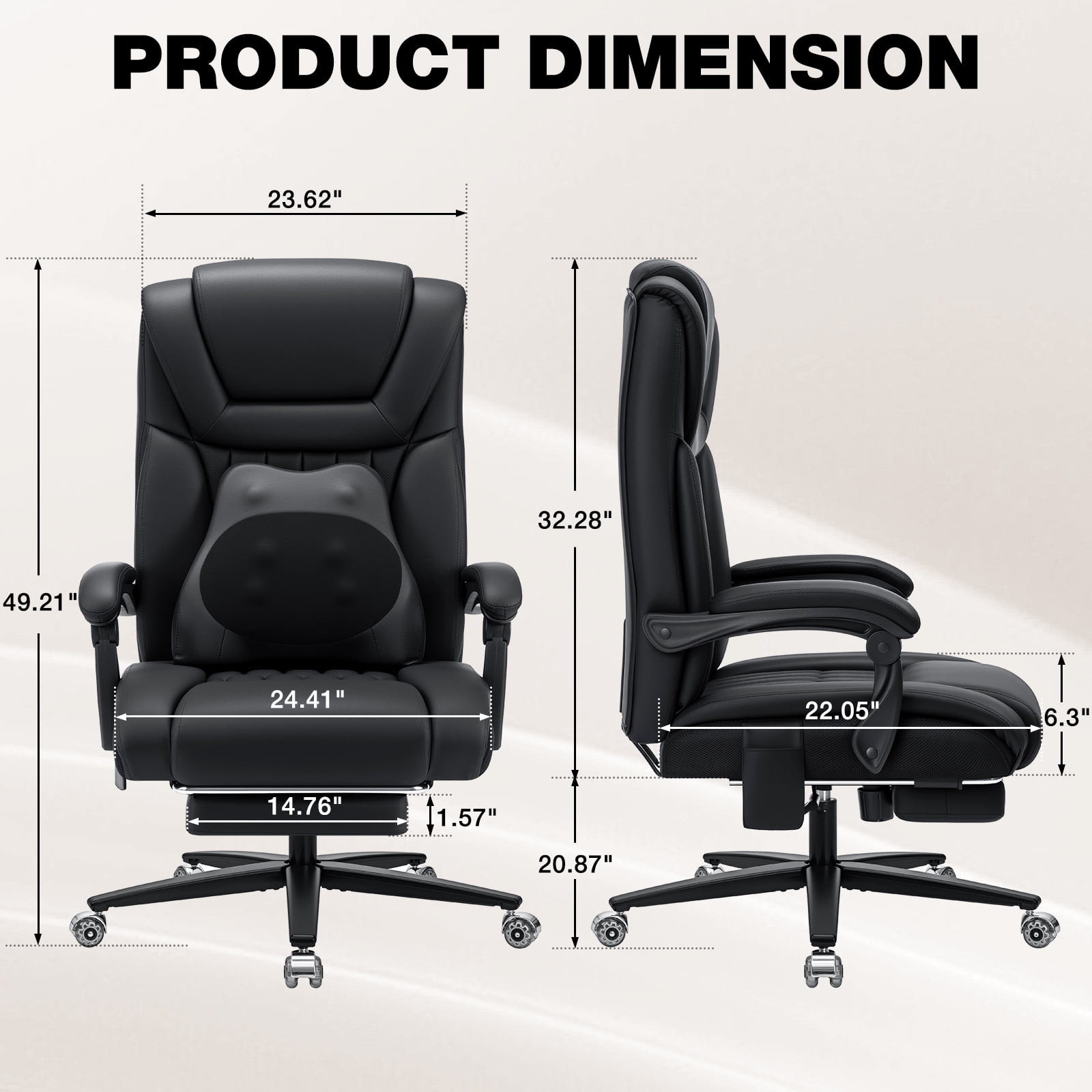 Hoffree Big and Tall Office Chair, 500lbs Reclining Executive Desk Chair with Heated Massage Backrest, Extra Wide Seat Leather Ergonomic Computer Desk Chair for Home Office, Black - Image 9