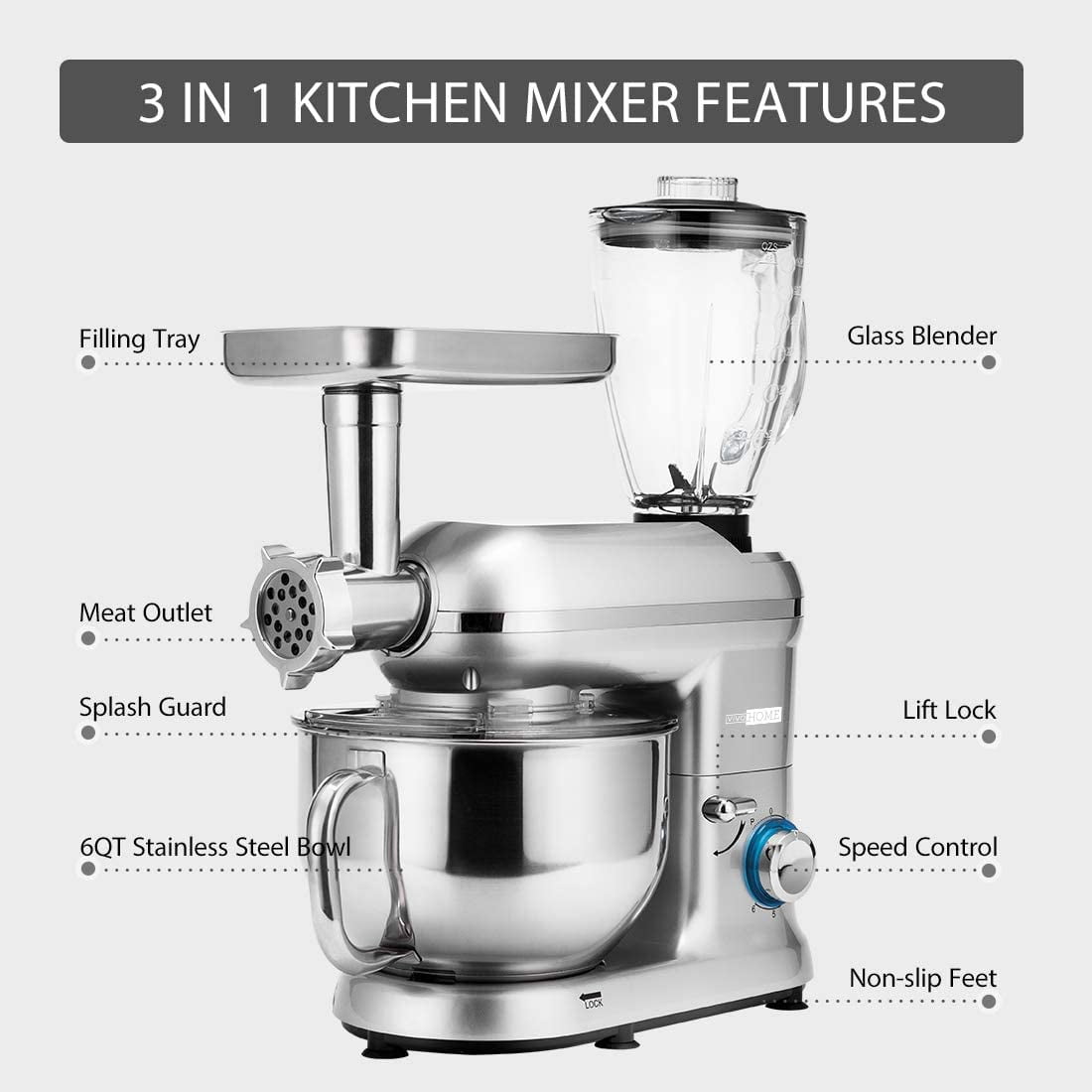 VIVOHOME 3 in 1 Stand Mixer with 6 Quart Stainless Steel Bowl, 650W 6-Speed Tilt-Head Meat Grinder, Silver - Image 6