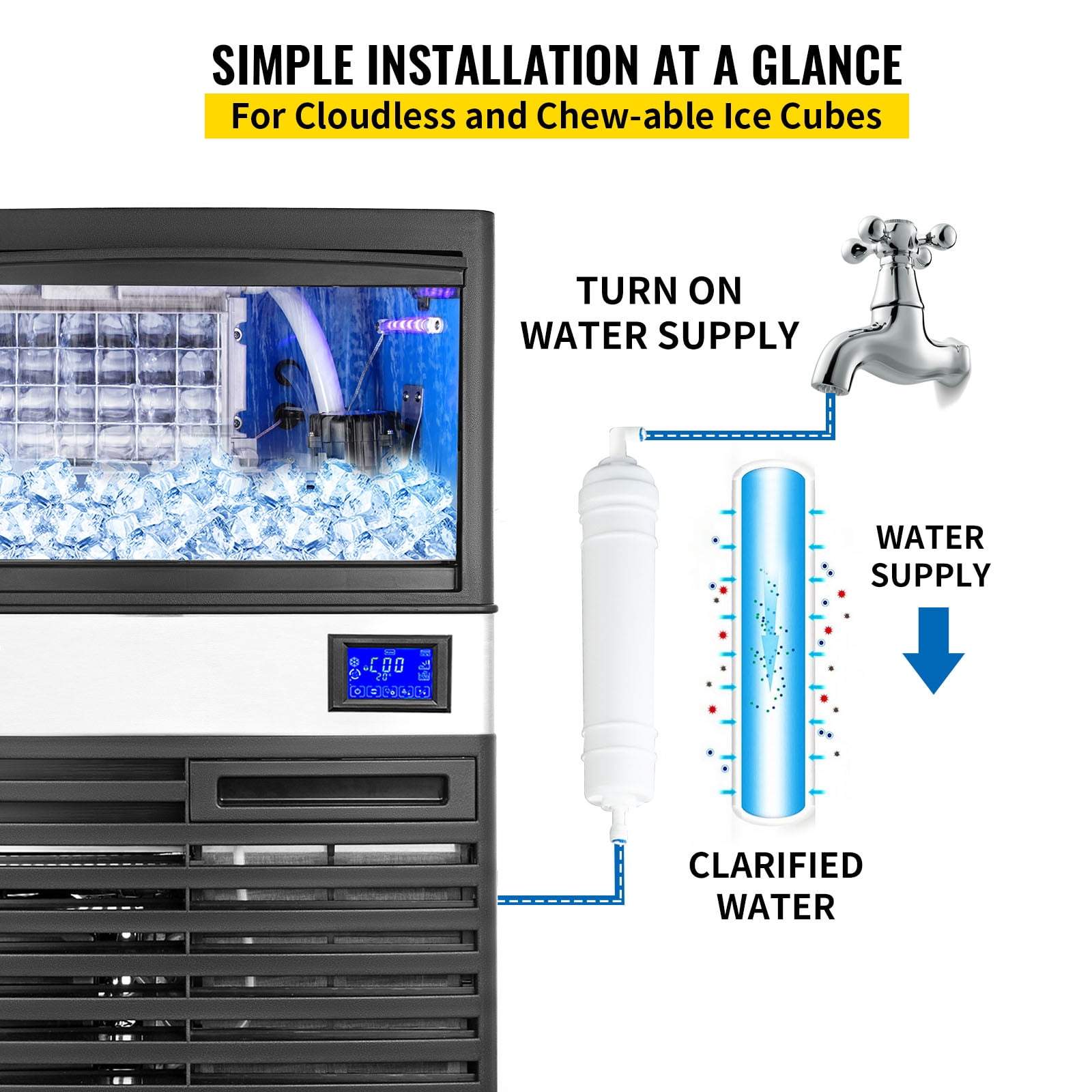 VEVOR Commercial ice Maker 155lbs/24h with 44lbs Bin and Electric Water Drain Pump, Full Clear Cube, Stainless Steel, Auto Operation - Image 6
